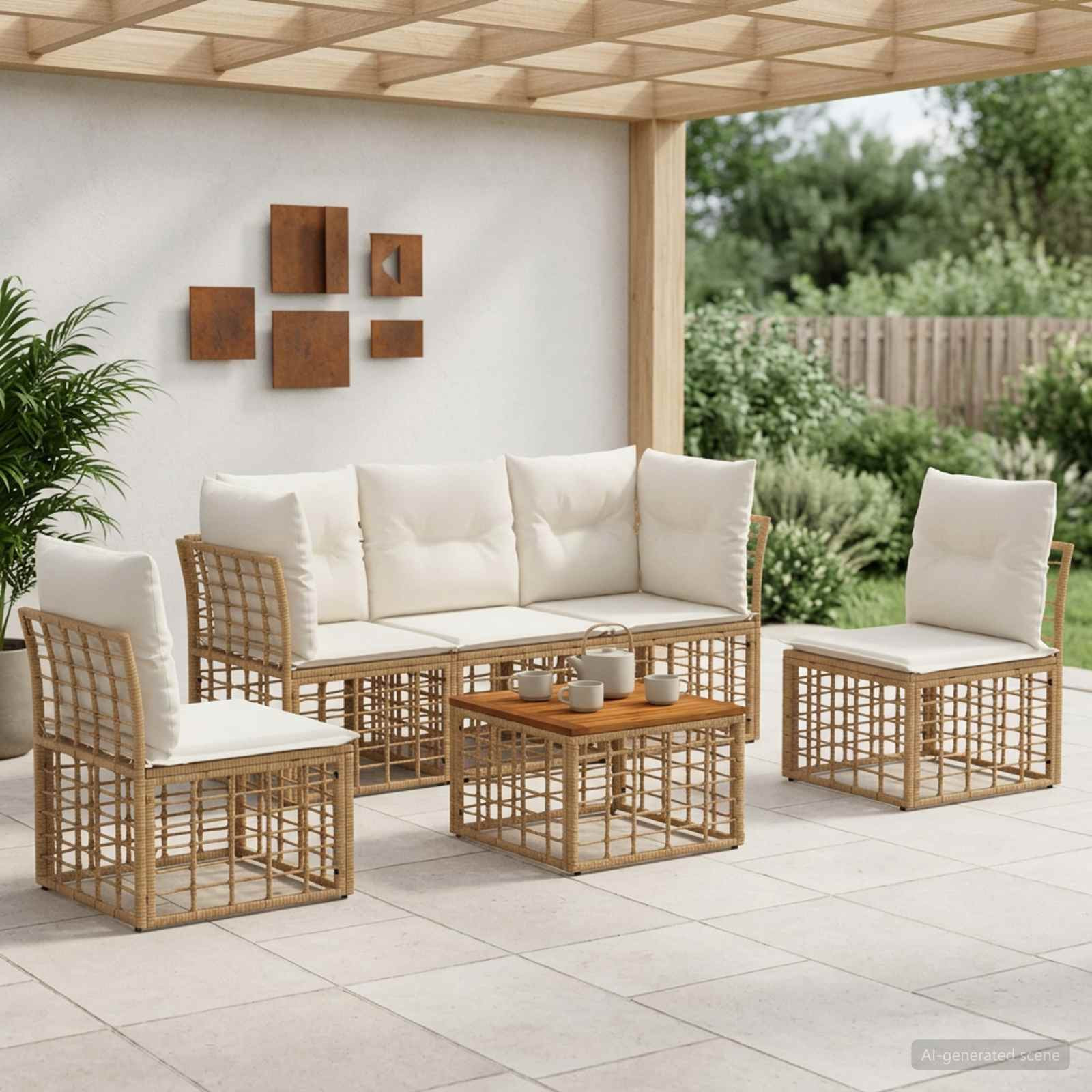 vidaXL Outdoor-Sofagarnitur 6 pcs Natürlich und Cremweiß Polyester