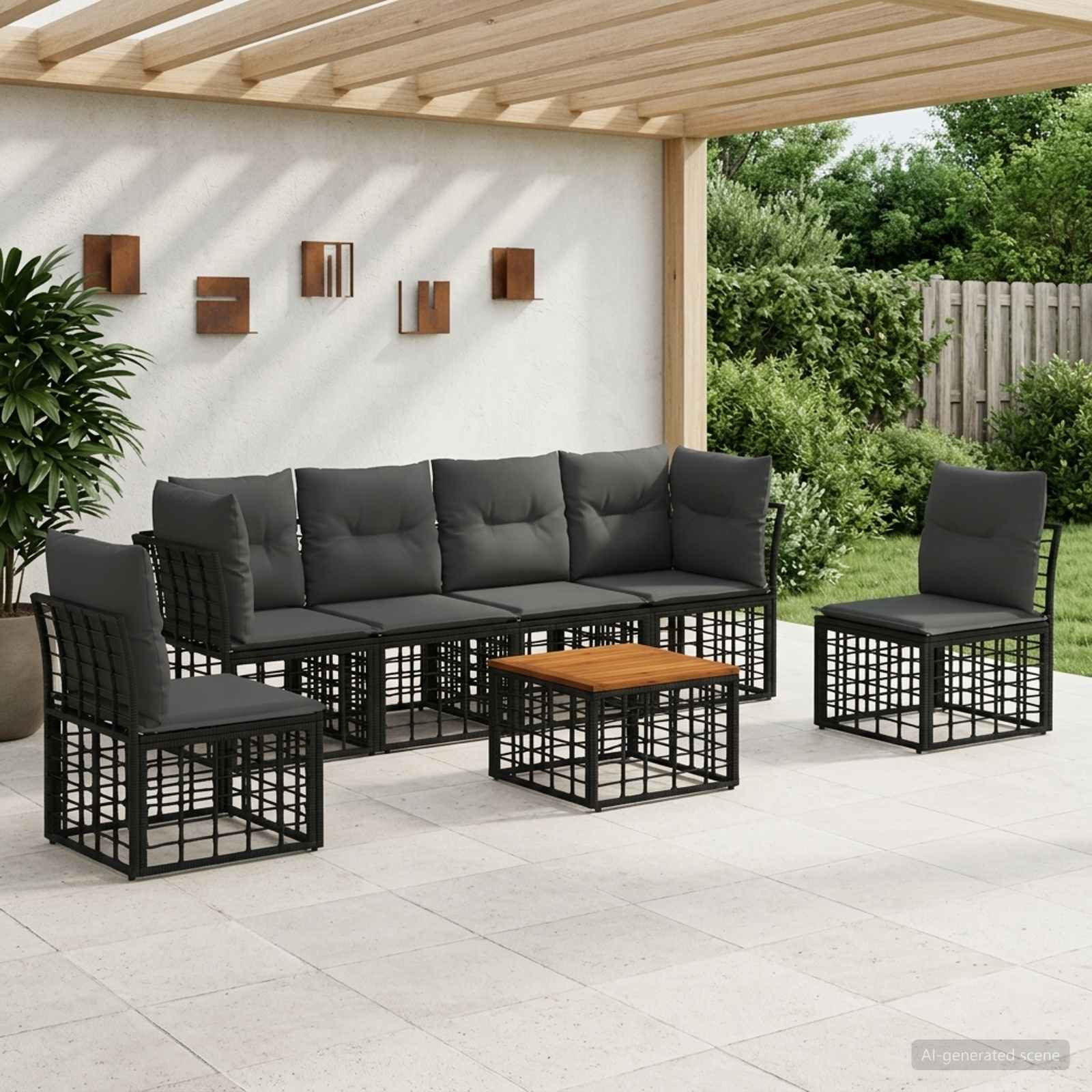 vidaXL Outdoor-Sofagarnitur 7 pcs Schwarz und Dunkelgrau Polyester