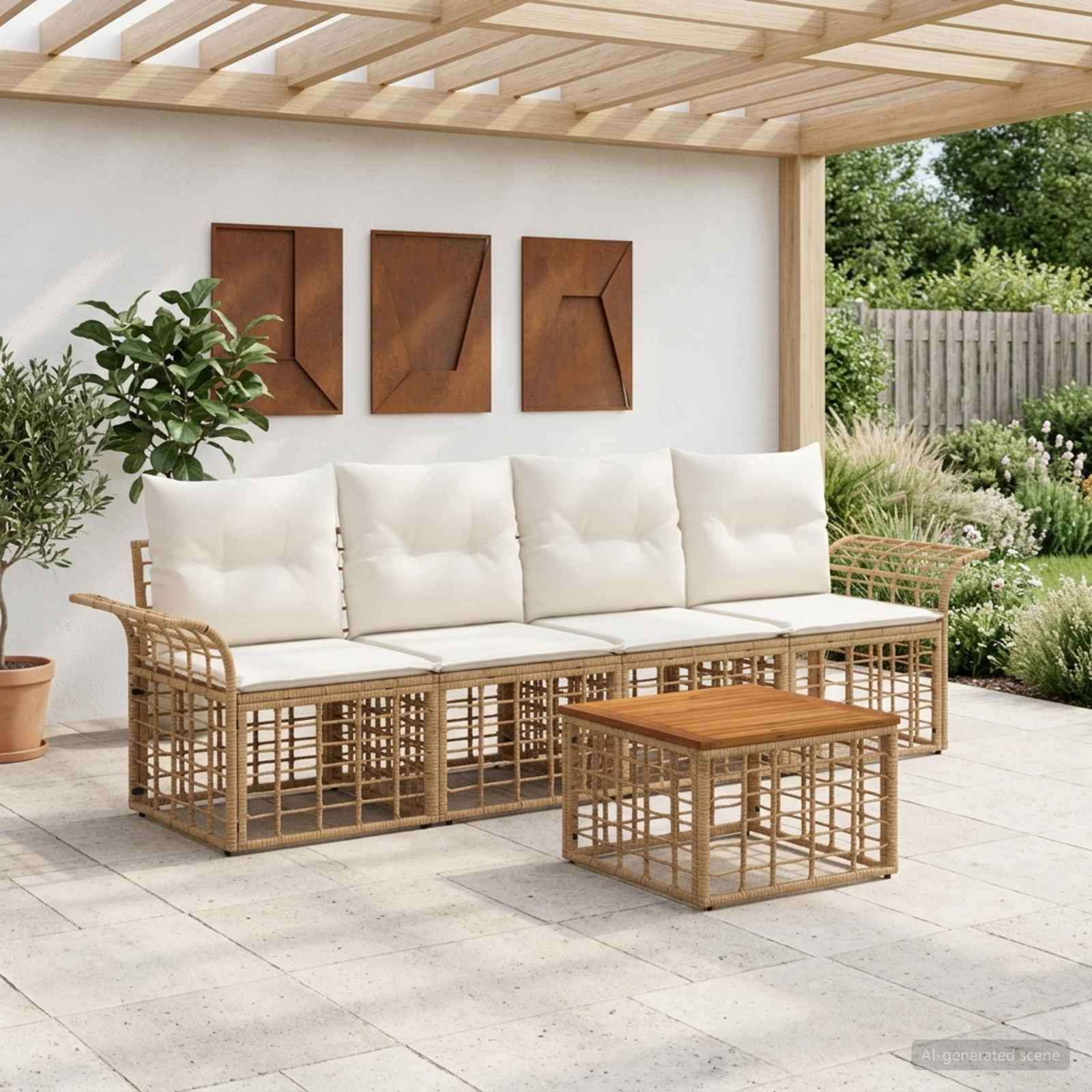 vidaXL Outdoor-Sofagarnitur 5 pcs Natürlich und Cremweiß Polyester