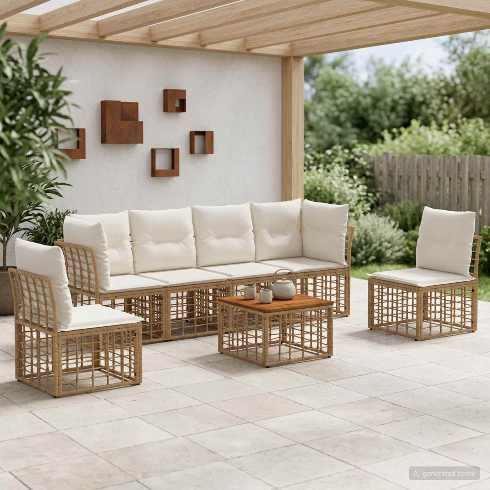 vidaXL Outdoor-Sofagarnitur 7 pcs Natürlich und Cremweiß Polyester