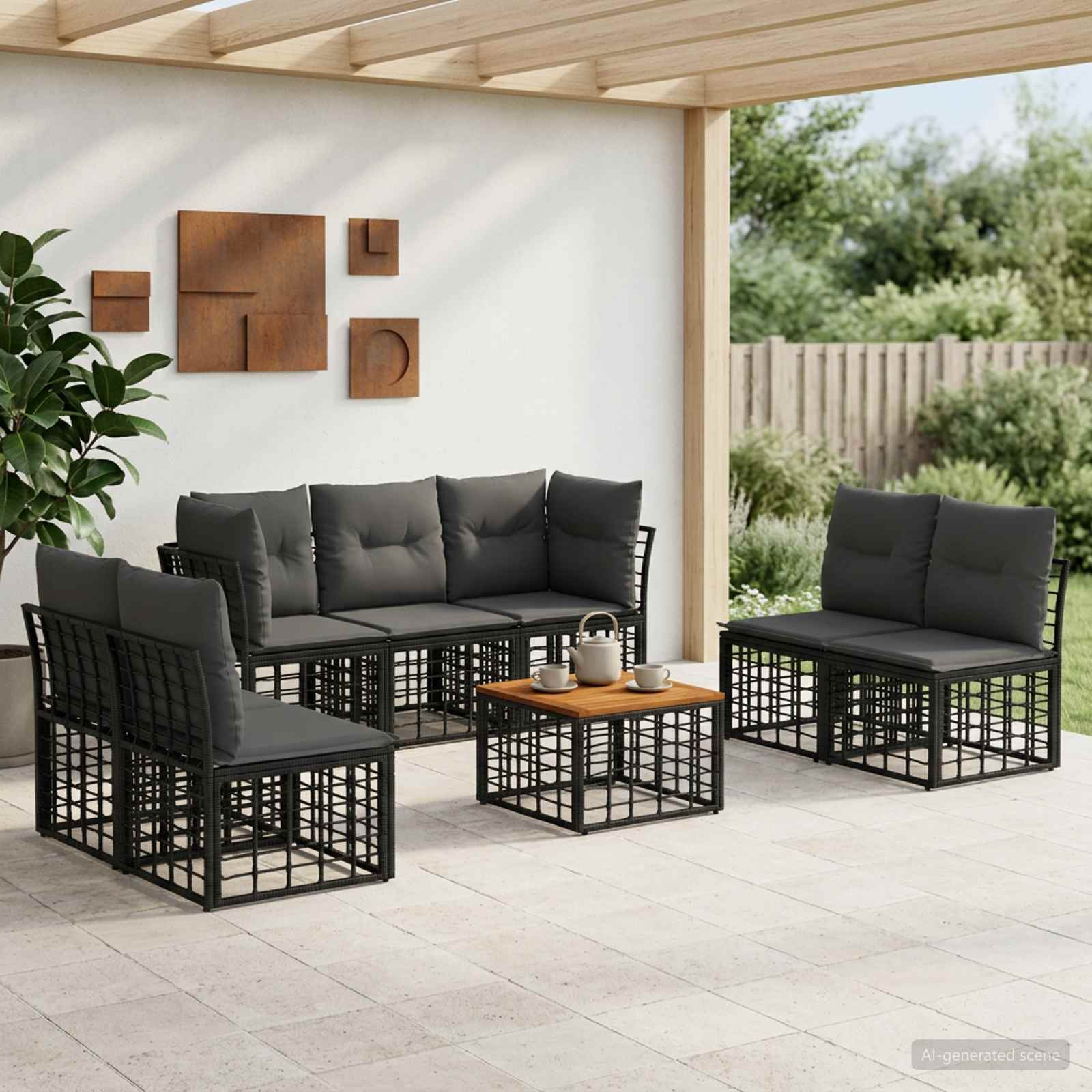 vidaXL Outdoor-Sofagarnitur 8 pcs Schwarz und Dunkelgrau Polyester