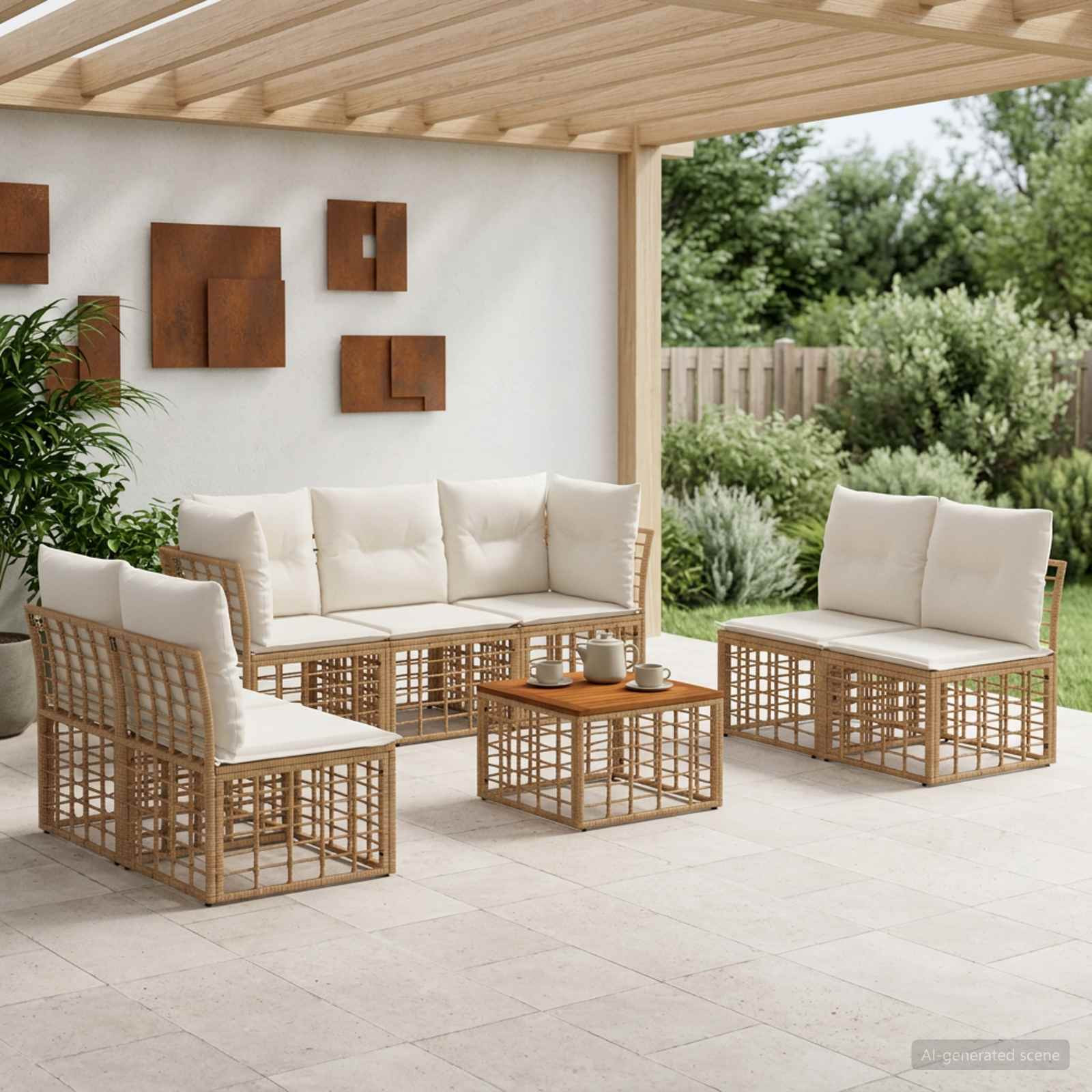 vidaXL Outdoor-Sofagarnitur 8 pcs Natürlich und Cremweiß Polyester
