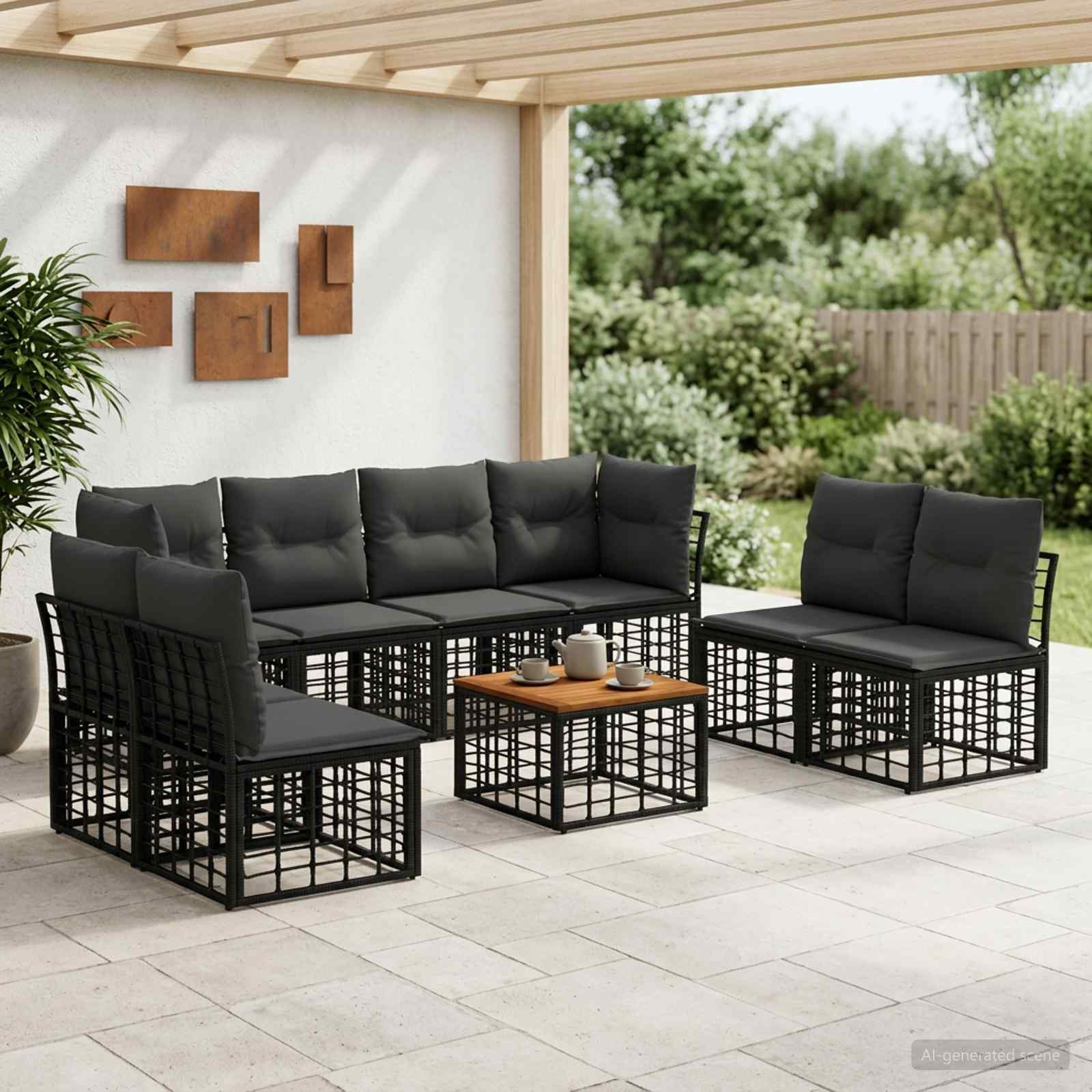 vidaXL Outdoor-Sofagarnitur 9 pcs Schwarz und Dunkelgrau Polyester