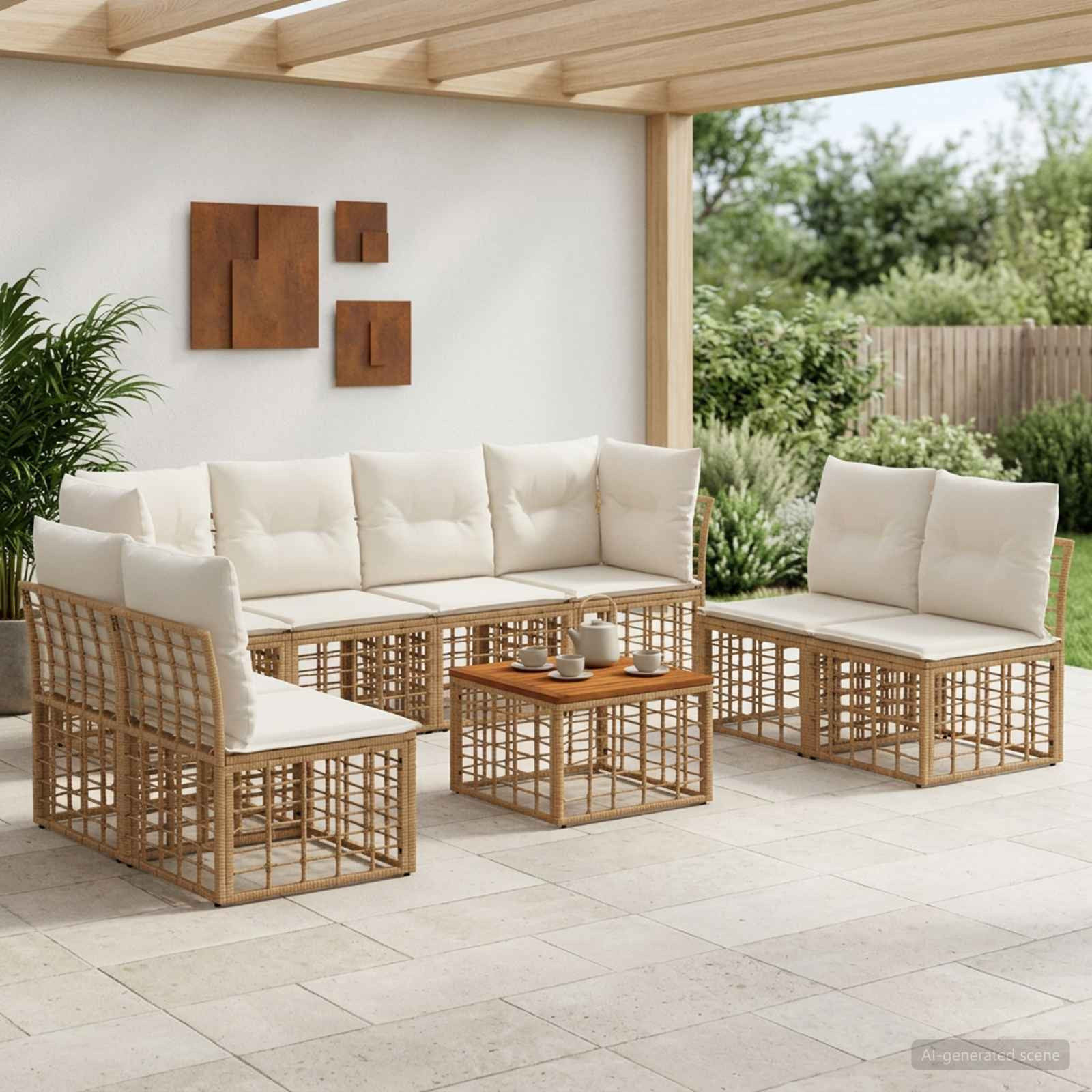 vidaXL Outdoor-Sofagarnitur 9 pcs Natürlich und Cremweiß Polyester