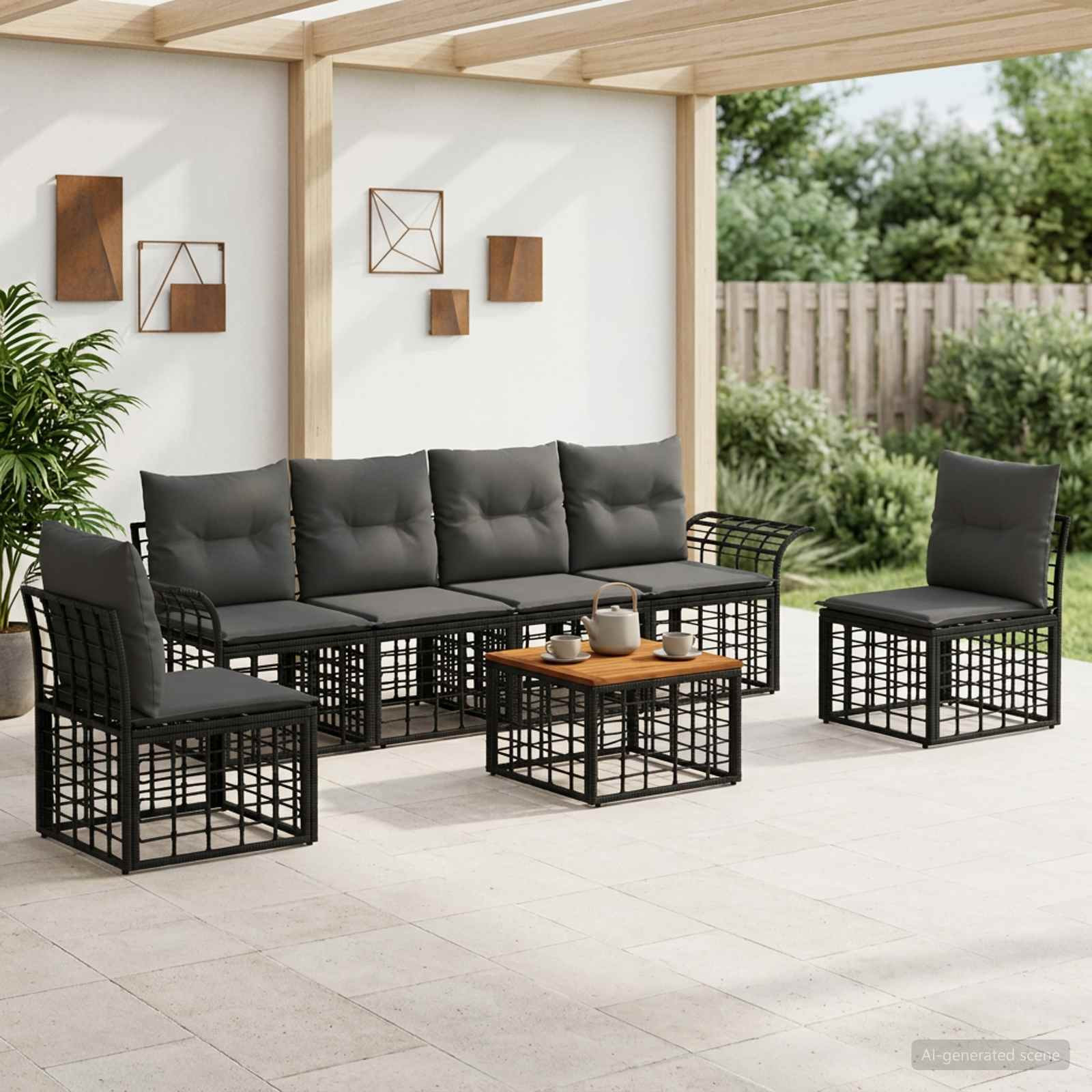 vidaXL Outdoor-Sofagarnitur 7 pcs Schwarz und Dunkelgrau Polyester