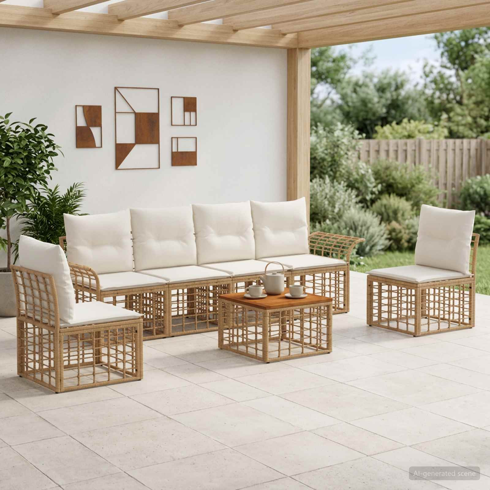 vidaXL Outdoor-Sofagarnitur 7 pcs Natürlich und Cremweiß Polyester