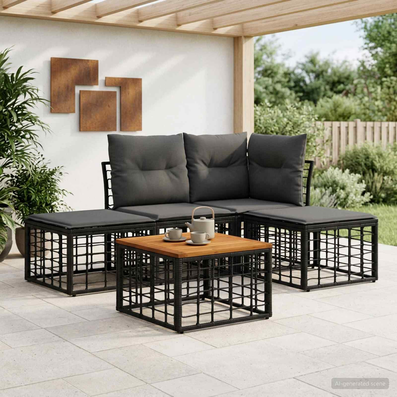vidaXL Outdoor-Sofagarnitur 5 pcs Schwarz und Dunkelgrau Polyester