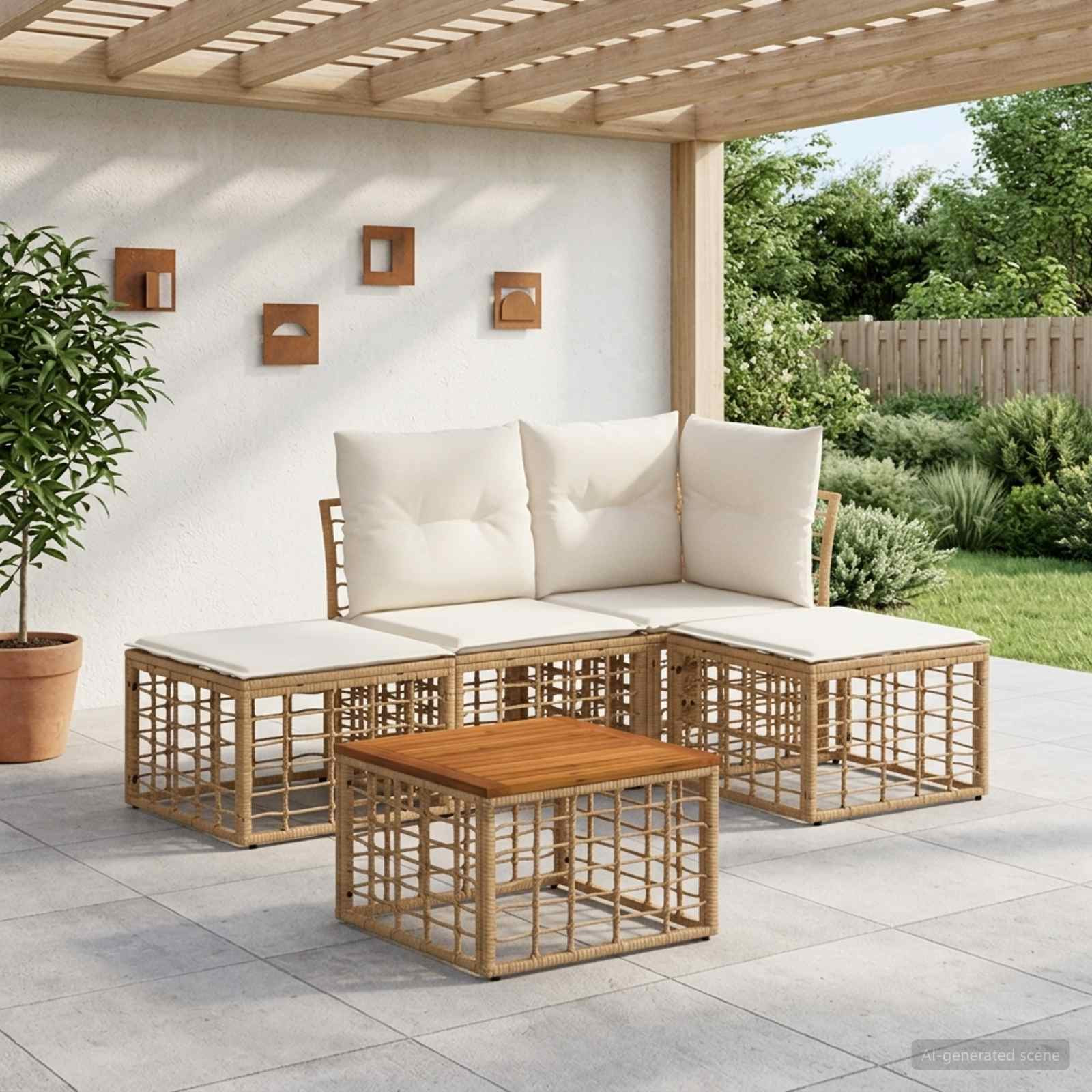 vidaXL Outdoor-Sofagarnitur 5 pcs Natürlich und Cremweiß Polyester
