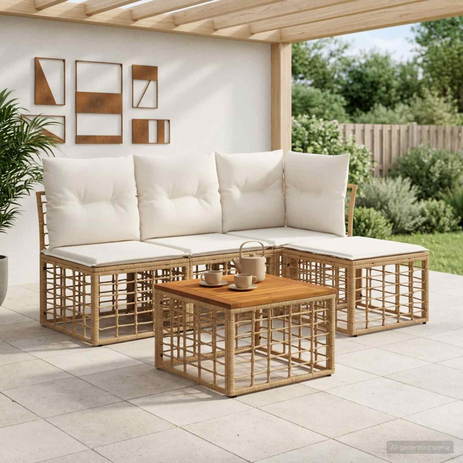 vidaXL Outdoor-Sofagarnitur 5 pcs Natürlich und Cremweiß Polyester