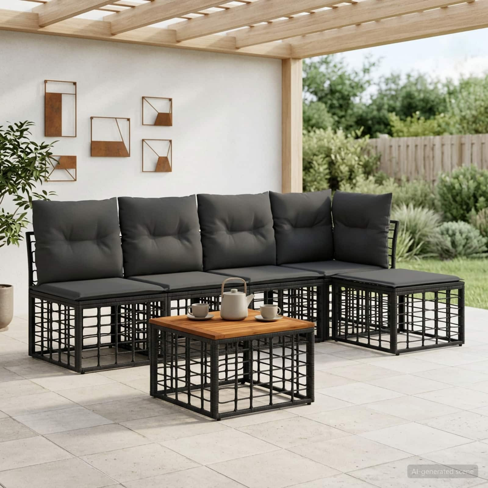vidaXL Outdoor-Sofagarnitur 6 pcs Schwarz und Dunkelgrau Polyester