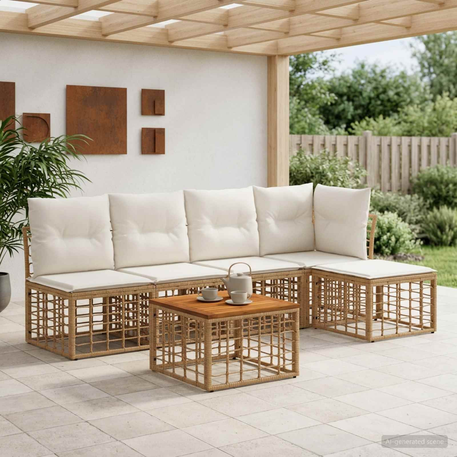 vidaXL Outdoor-Sofagarnitur 6 pcs Natürlich und Cremweiß Polyester