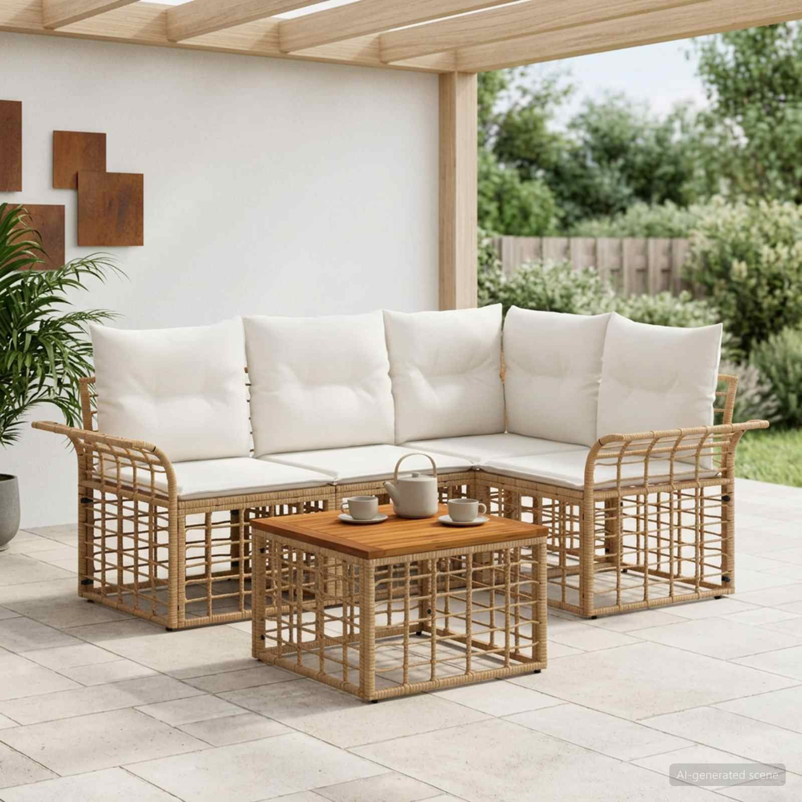 vidaXL Outdoor-Sofagarnitur 5 pcs Natürlich und Cremweiß Polyester