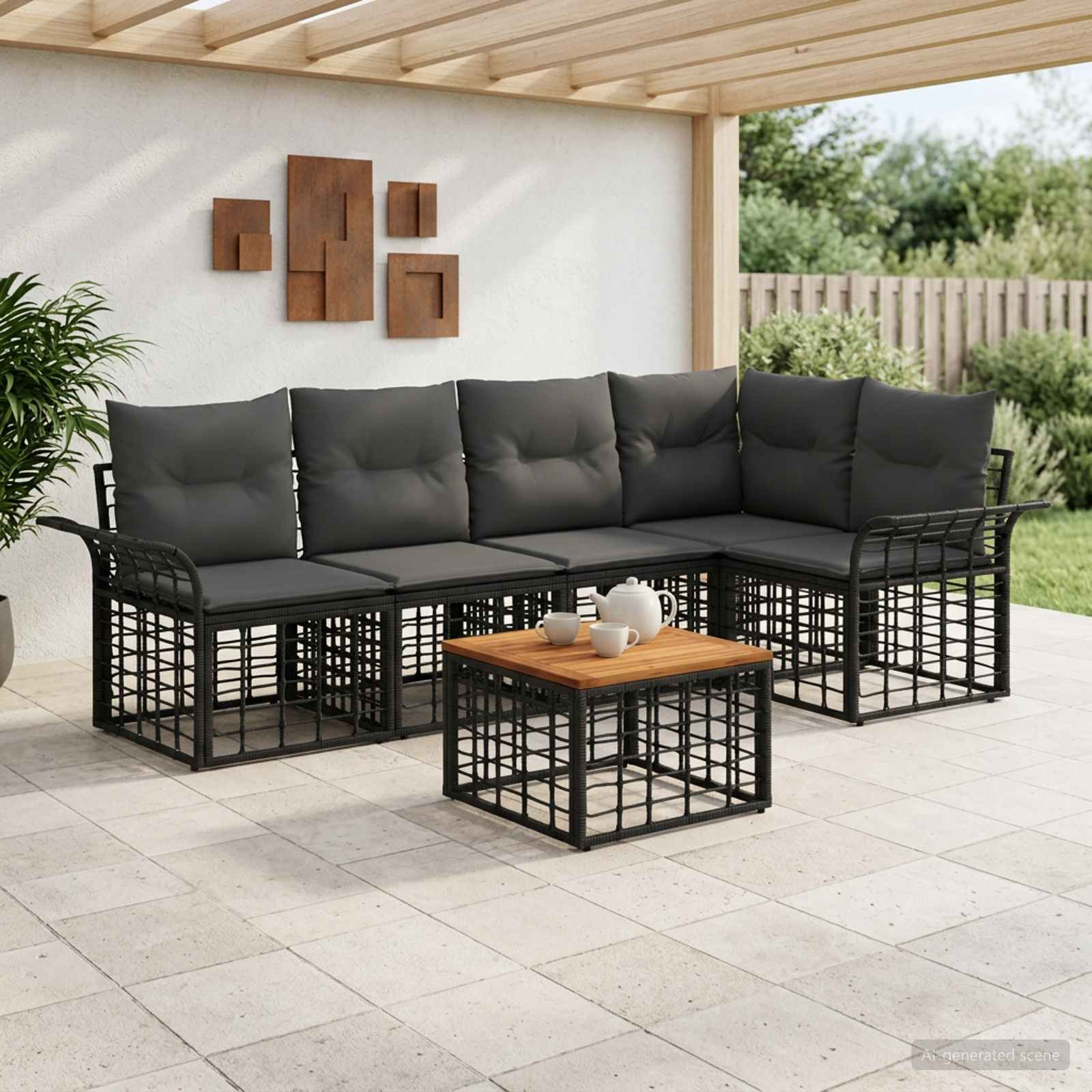 vidaXL Outdoor-Sofagarnitur 6 pcs Schwarz und Dunkelgrau Polyester