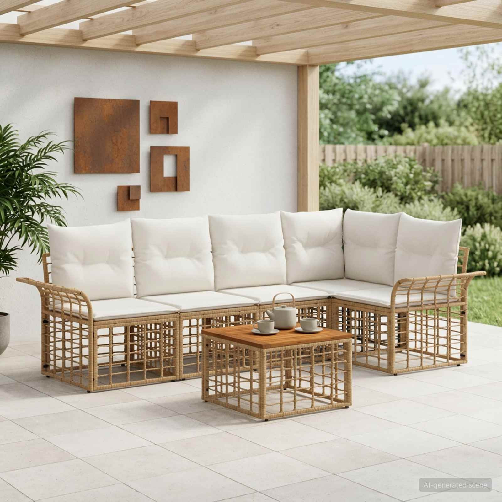 vidaXL Outdoor-Sofagarnitur 6 pcs Natürlich und Cremweiß Polyester
