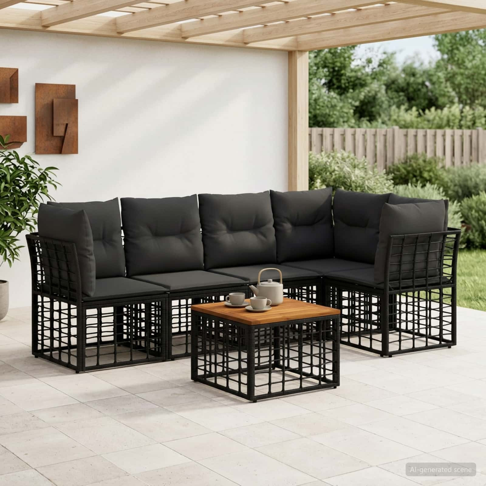 vidaXL Outdoor-Sofagarnitur 6 pcs Schwarz und Dunkelgrau Polyester