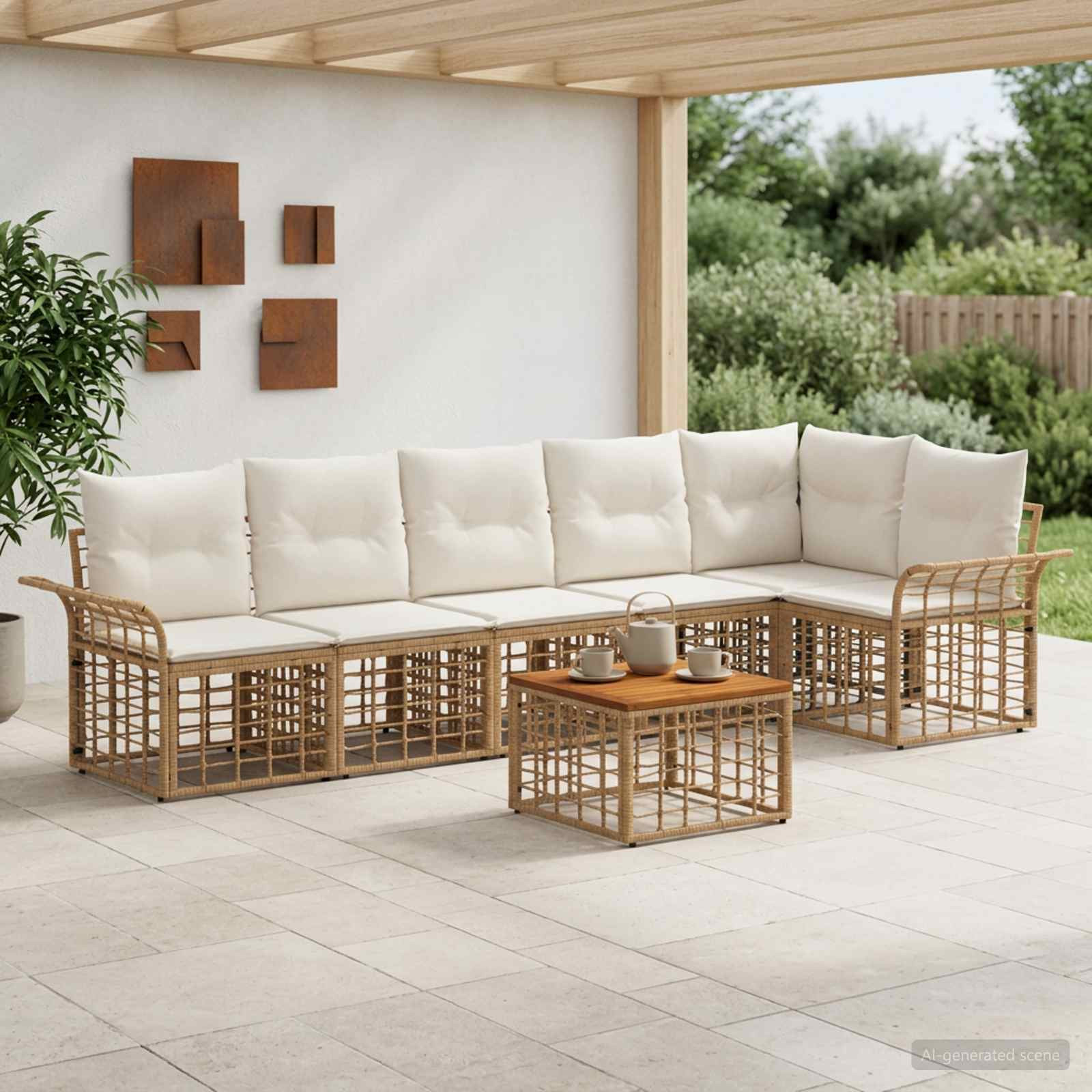 vidaXL Outdoor-Sofagarnitur 7 pcs Natürlich und Cremweiß Polyester