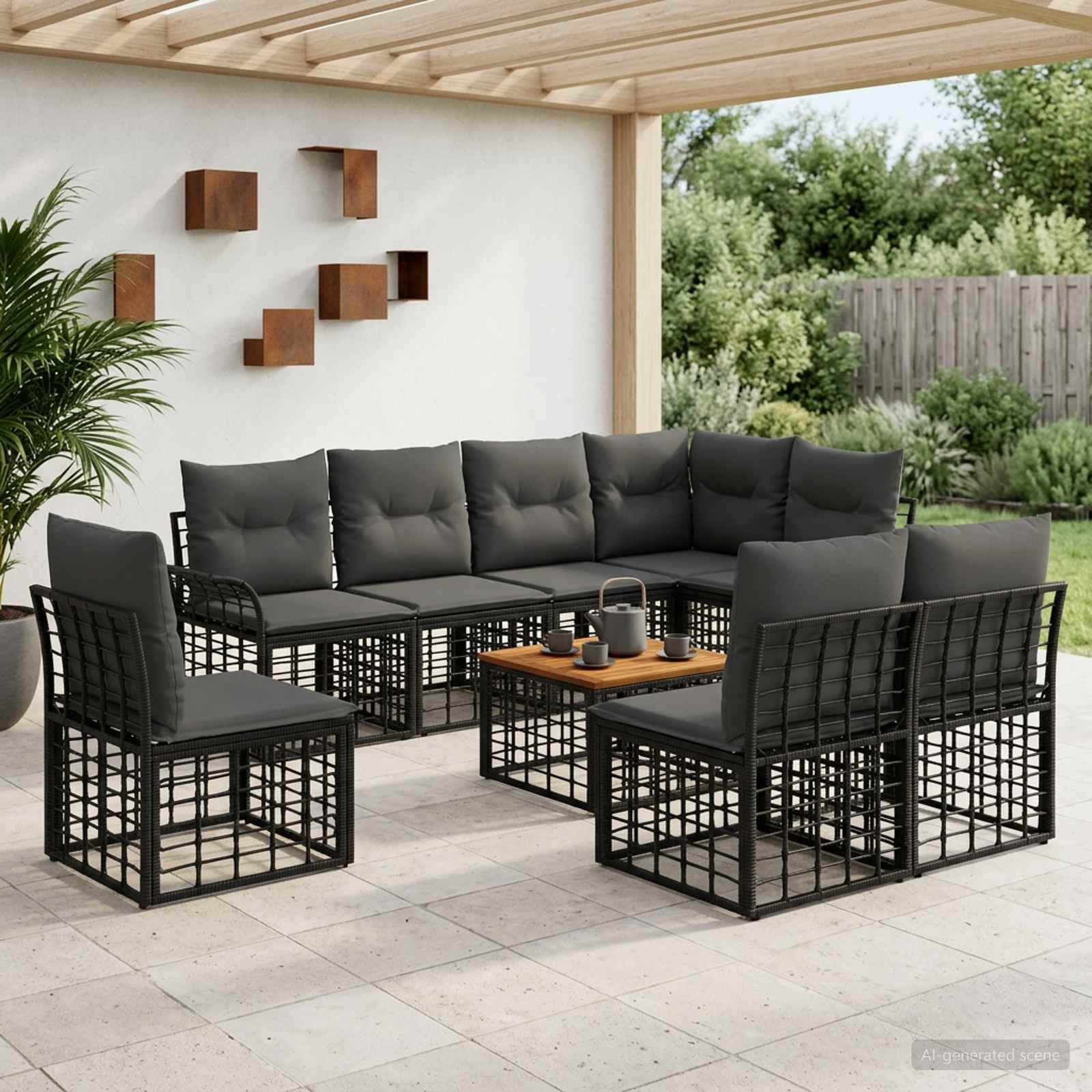 vidaXL Outdoor-Sofagarnitur 9 pcs Schwarz und Dunkelgrau Polyester
