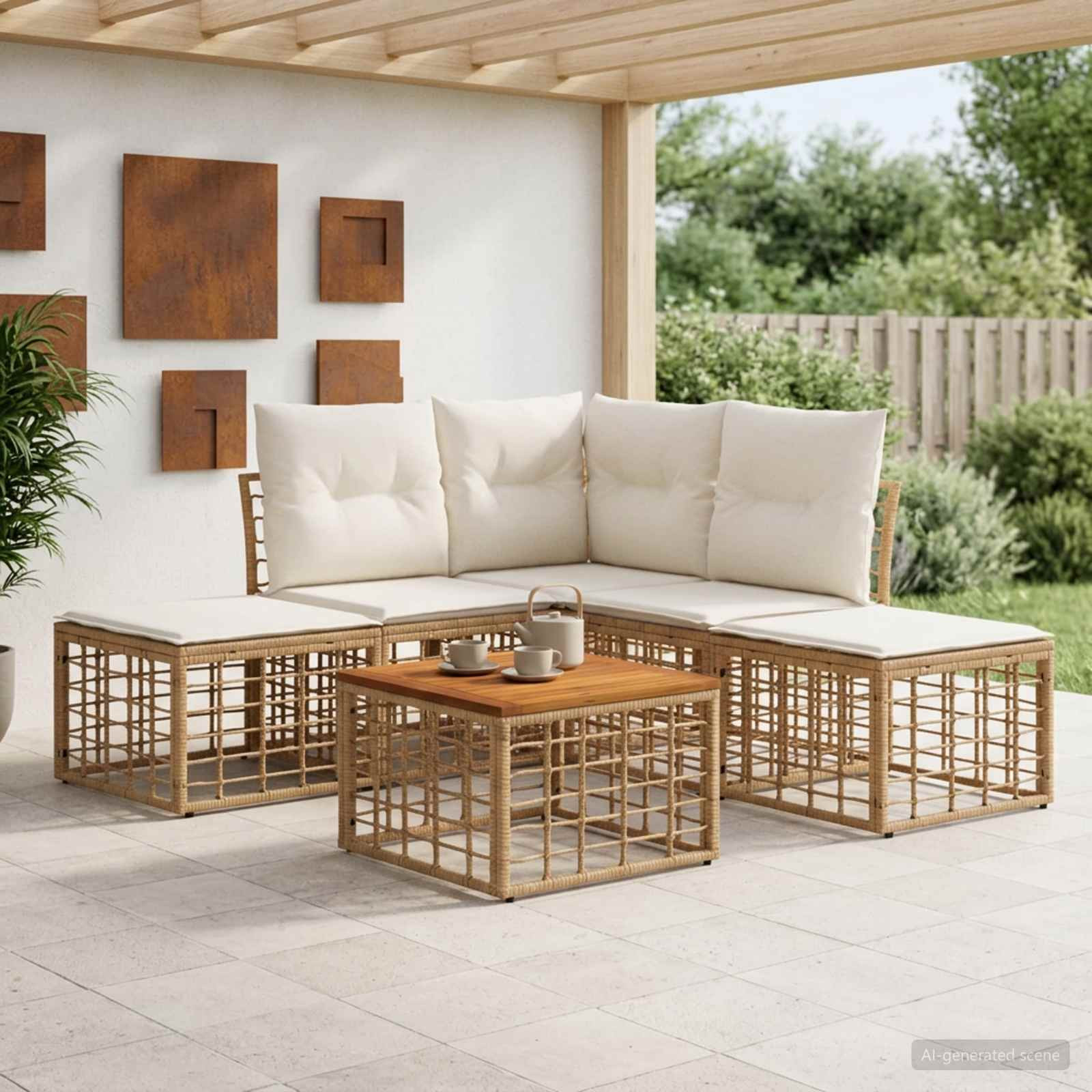 vidaXL Outdoor-Sofagarnitur 6 pcs Natürlich und Cremweiß Polyester