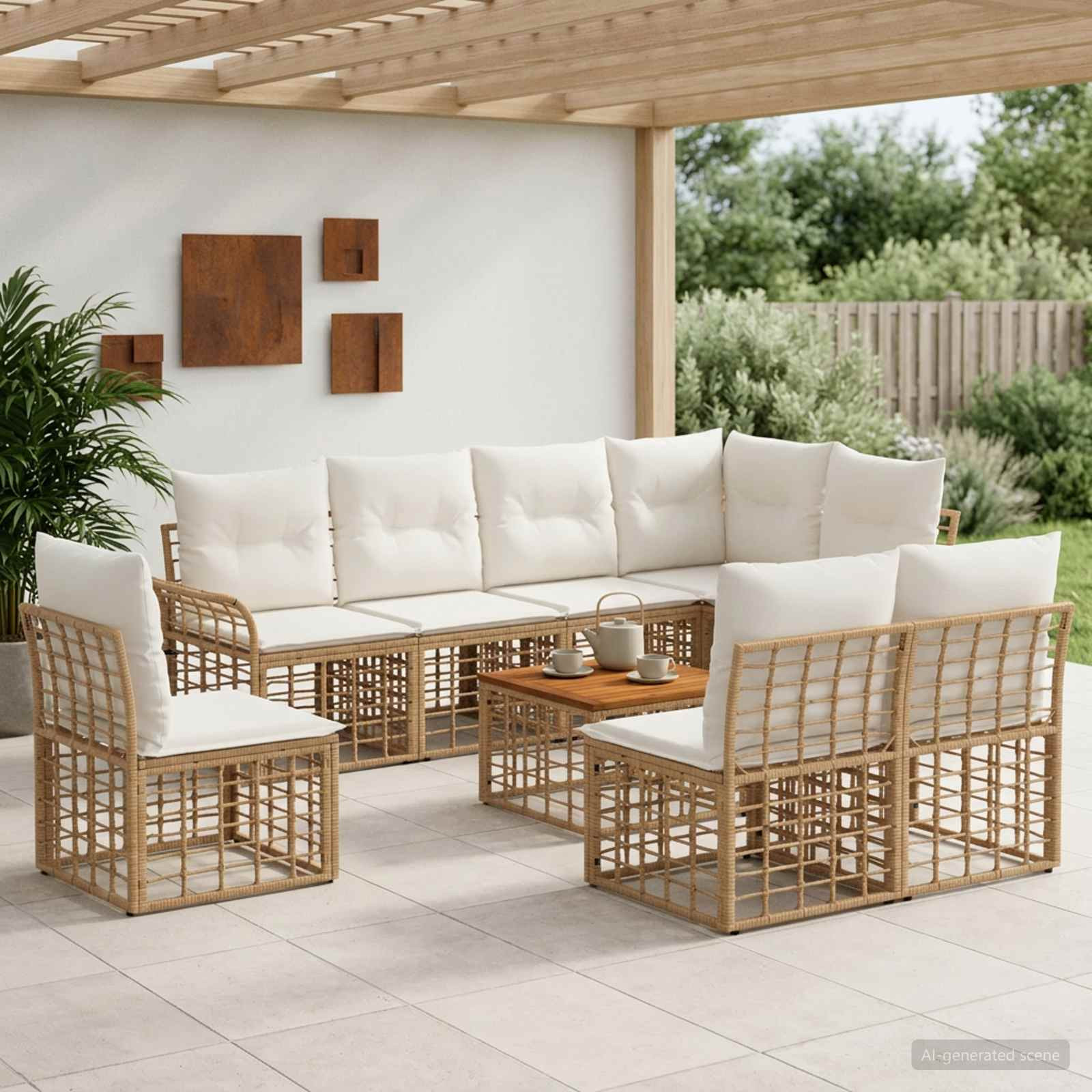 vidaXL Outdoor-Sofagarnitur 9 pcs Natürlich und Cremweiß Polyester