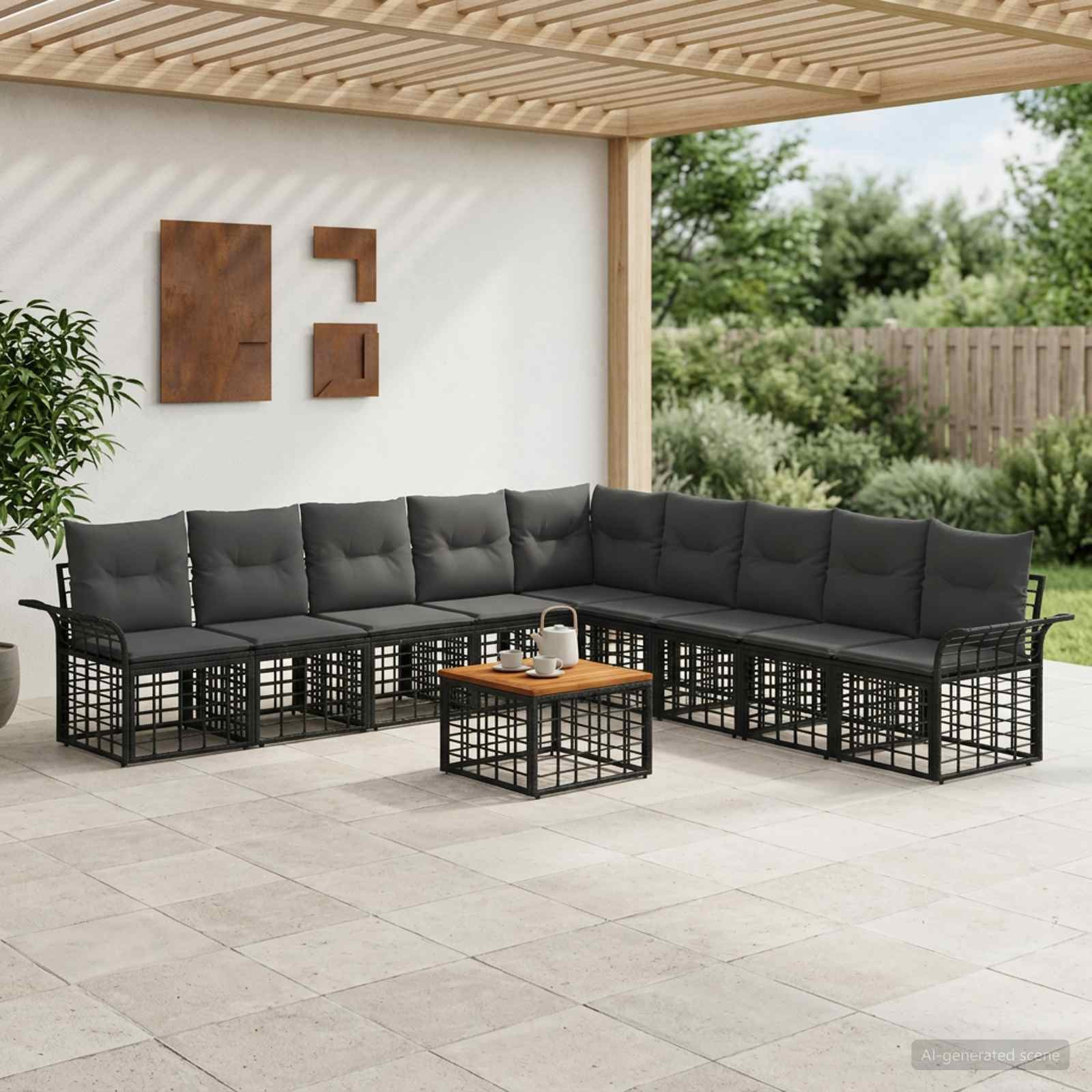vidaXL Outdoor-Sofagarnitur 10 pcs Schwarz und Dunkelgrau Polyester