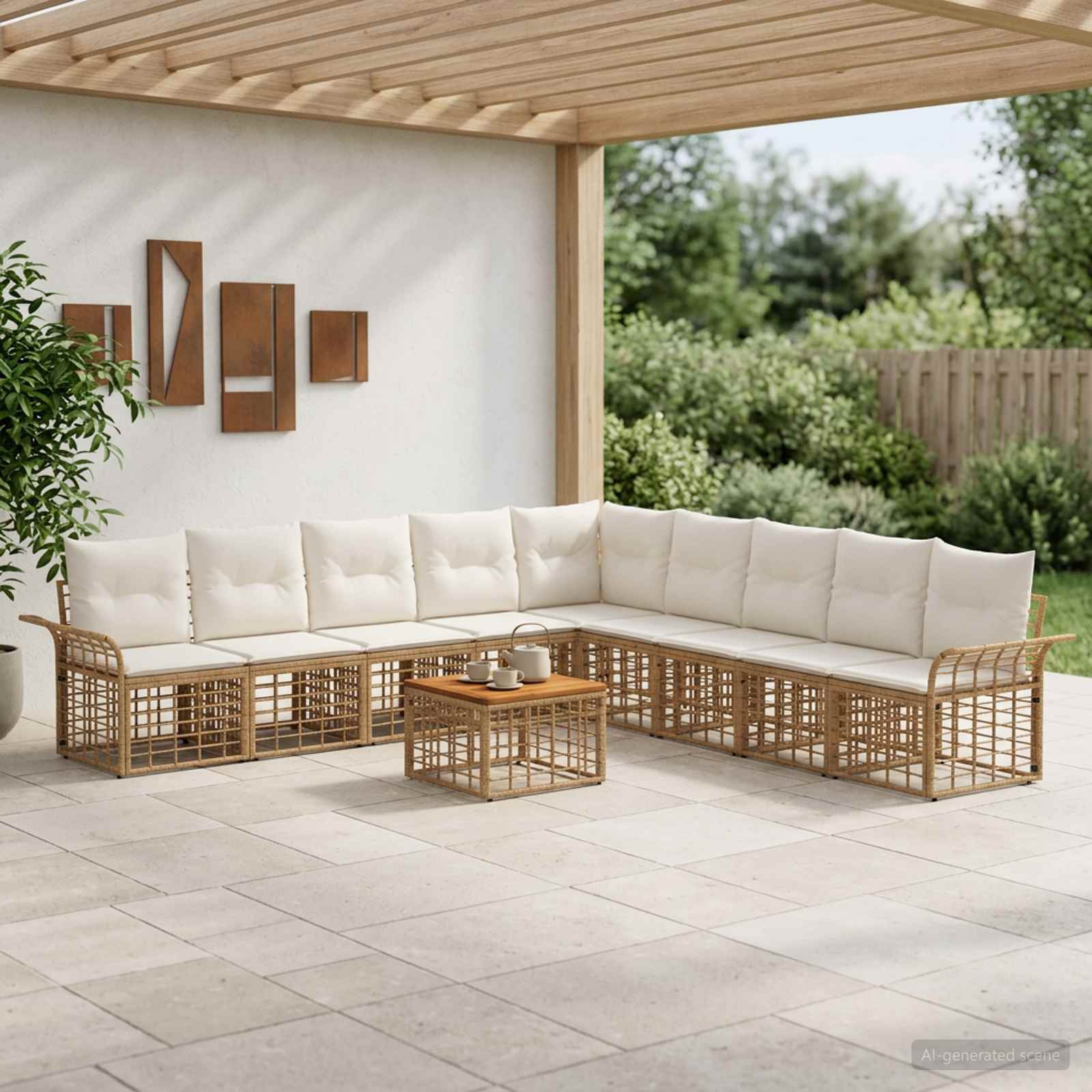vidaXL Outdoor-Sofagarnitur 10 pcs Natürlich und Cremweiß Polyester