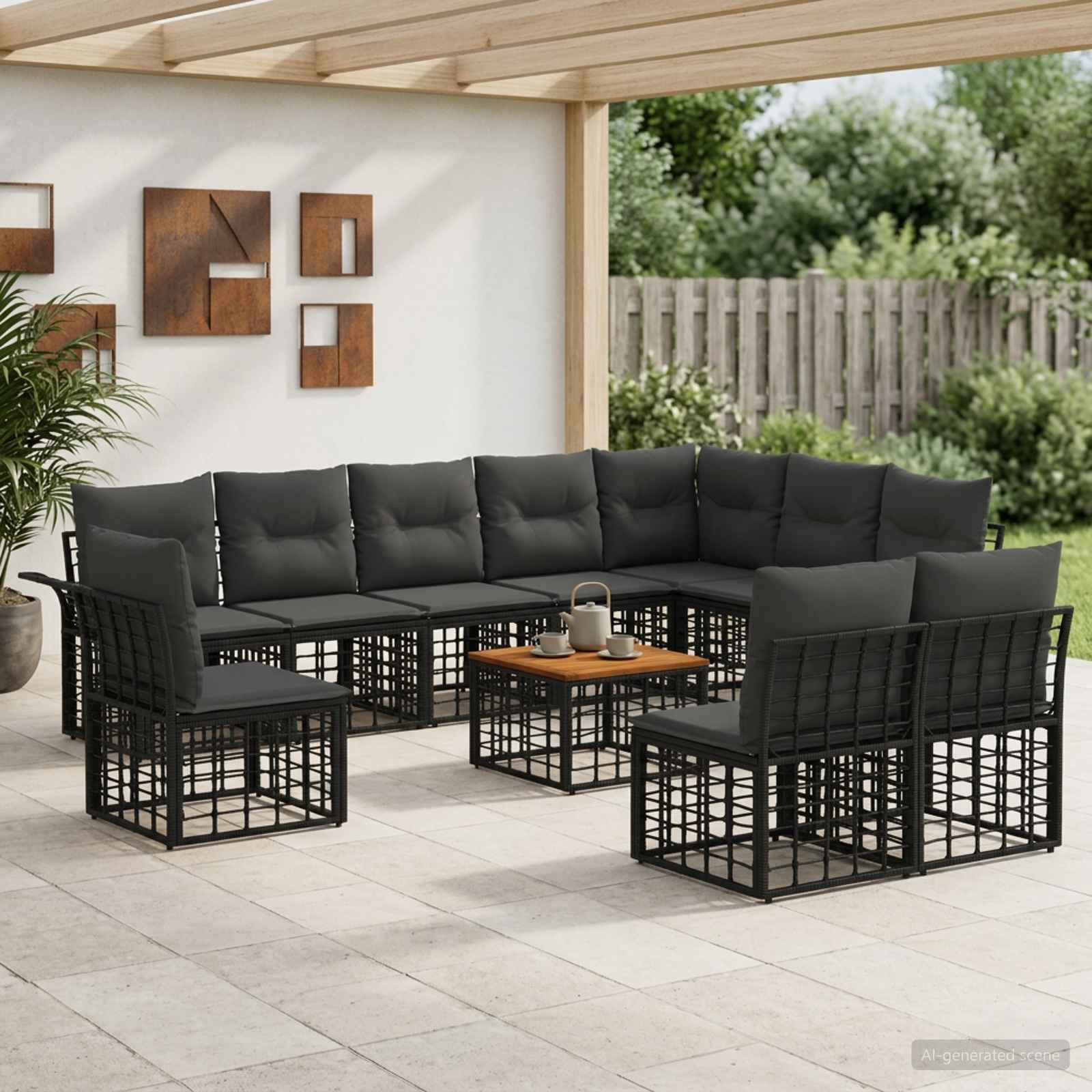 vidaXL Outdoor-Sofagarnitur 11 pcs Schwarz und Dunkelgrau Polyester