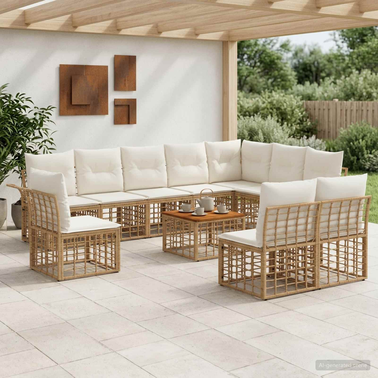 vidaXL Outdoor-Sofagarnitur 11 pcs Natürlich und Cremweiß Polyester