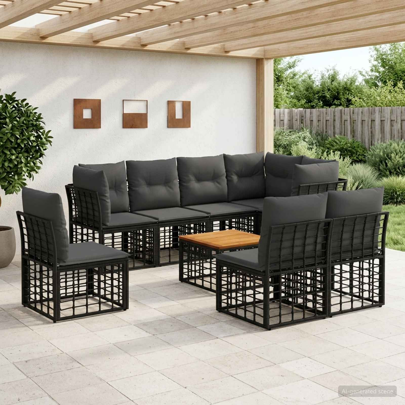 vidaXL Outdoor-Sofagarnitur 9 pcs Schwarz und Dunkelgrau Polyester