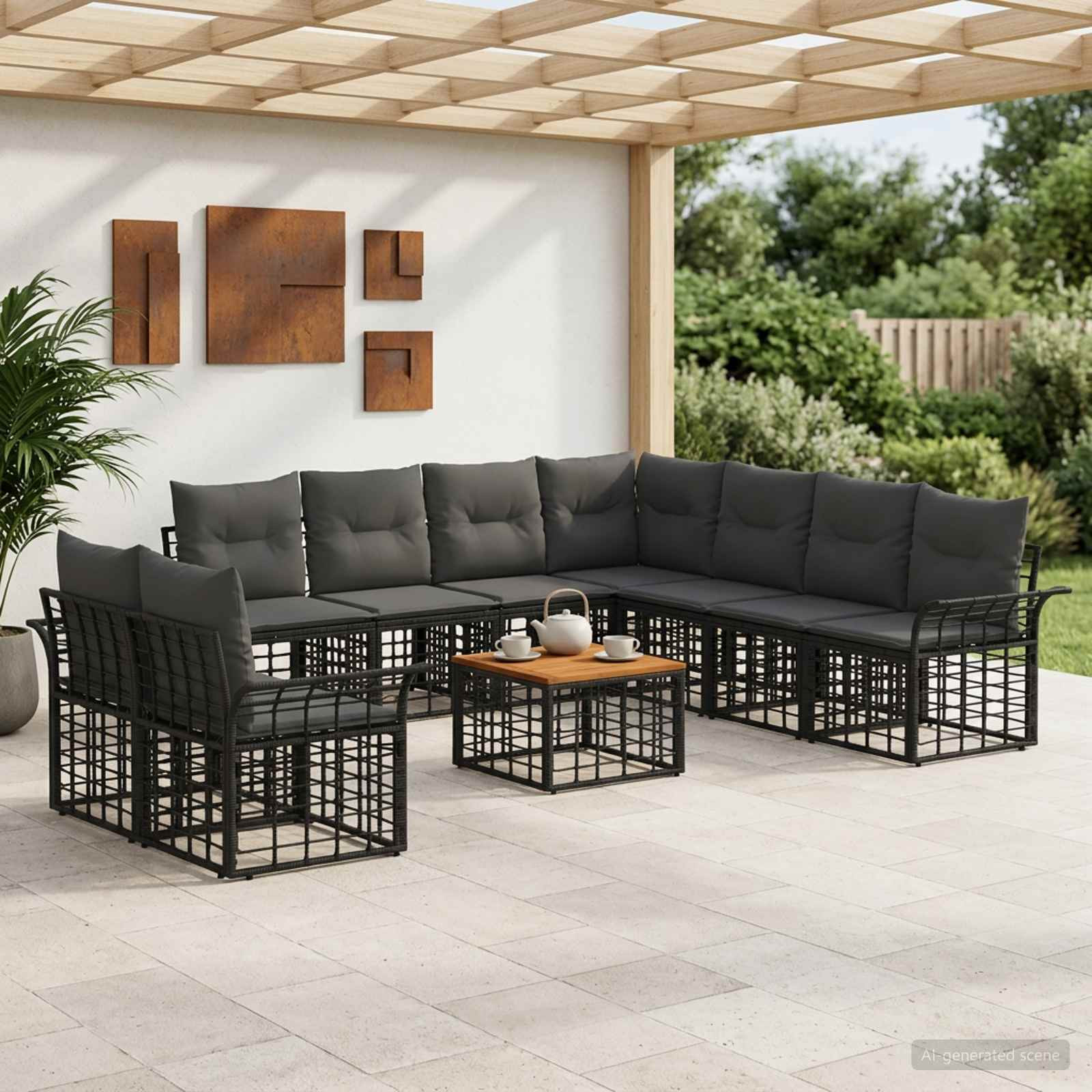 vidaXL Outdoor-Sofagarnitur 10 pcs Schwarz und Dunkelgrau Polyester