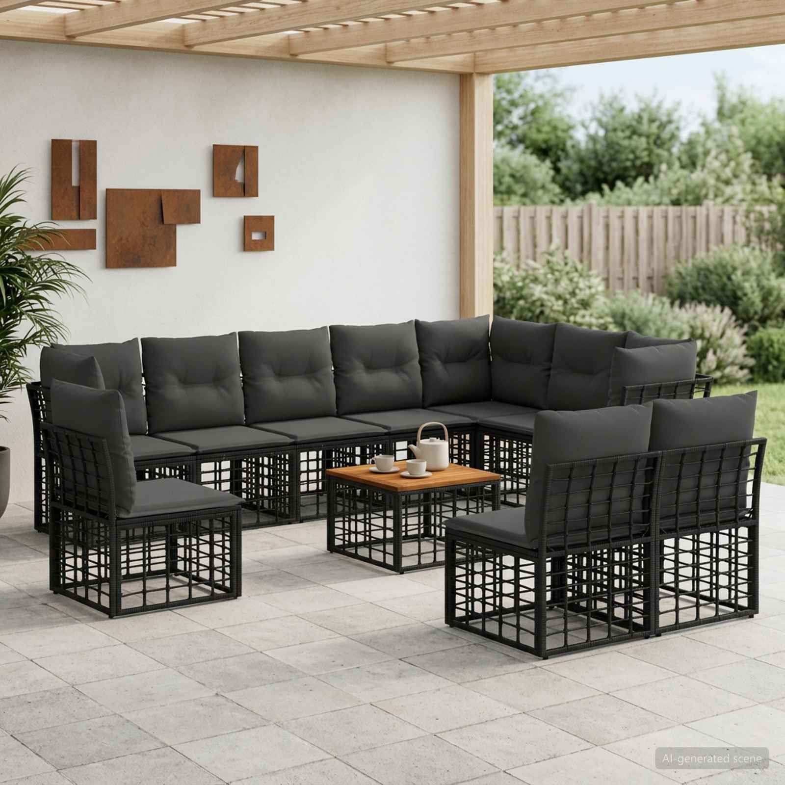 vidaXL Outdoor-Sofagarnitur 11 pcs Schwarz und Dunkelgrau Polyester