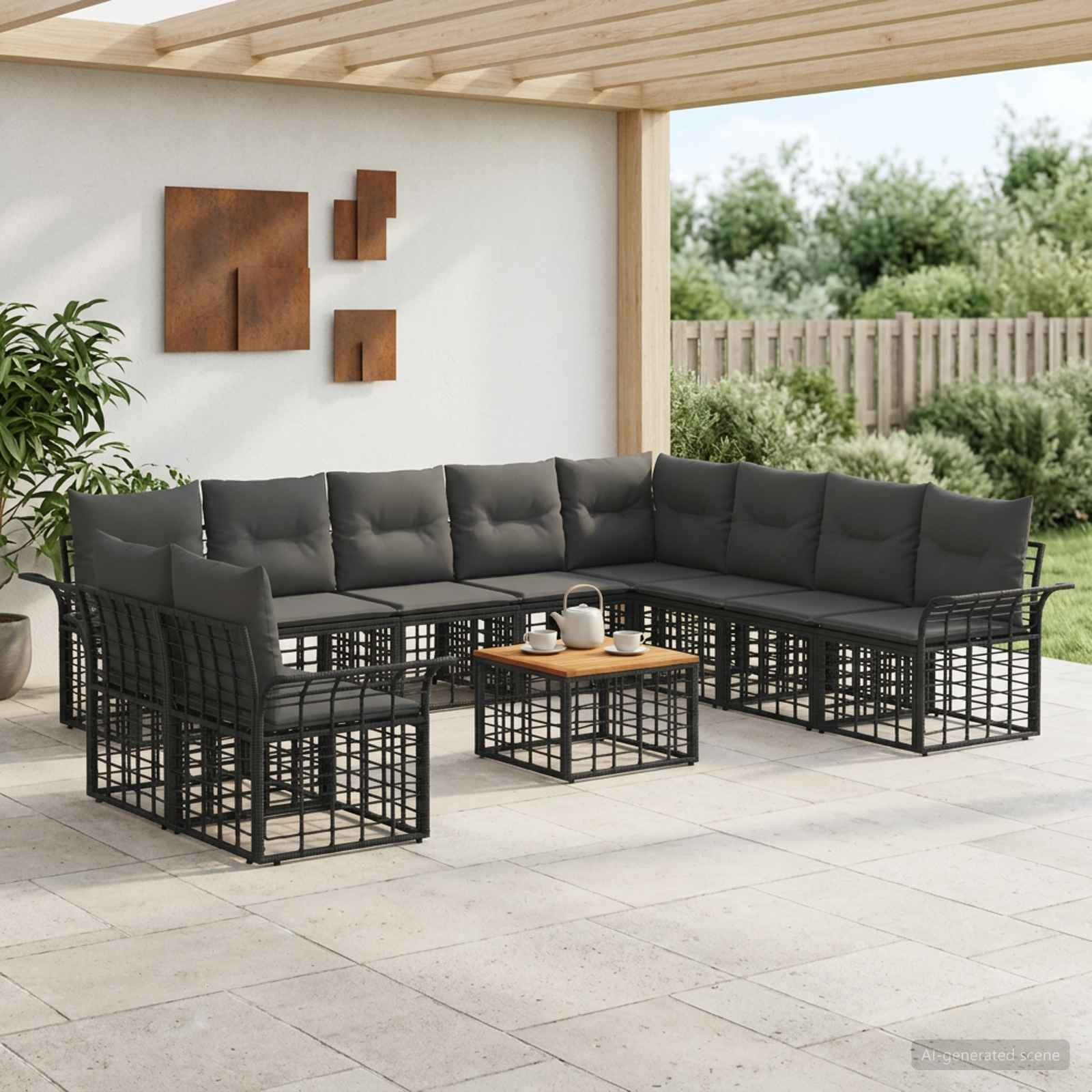 vidaXL Outdoor-Sofagarnitur 11 pcs Schwarz und Dunkelgrau Polyester