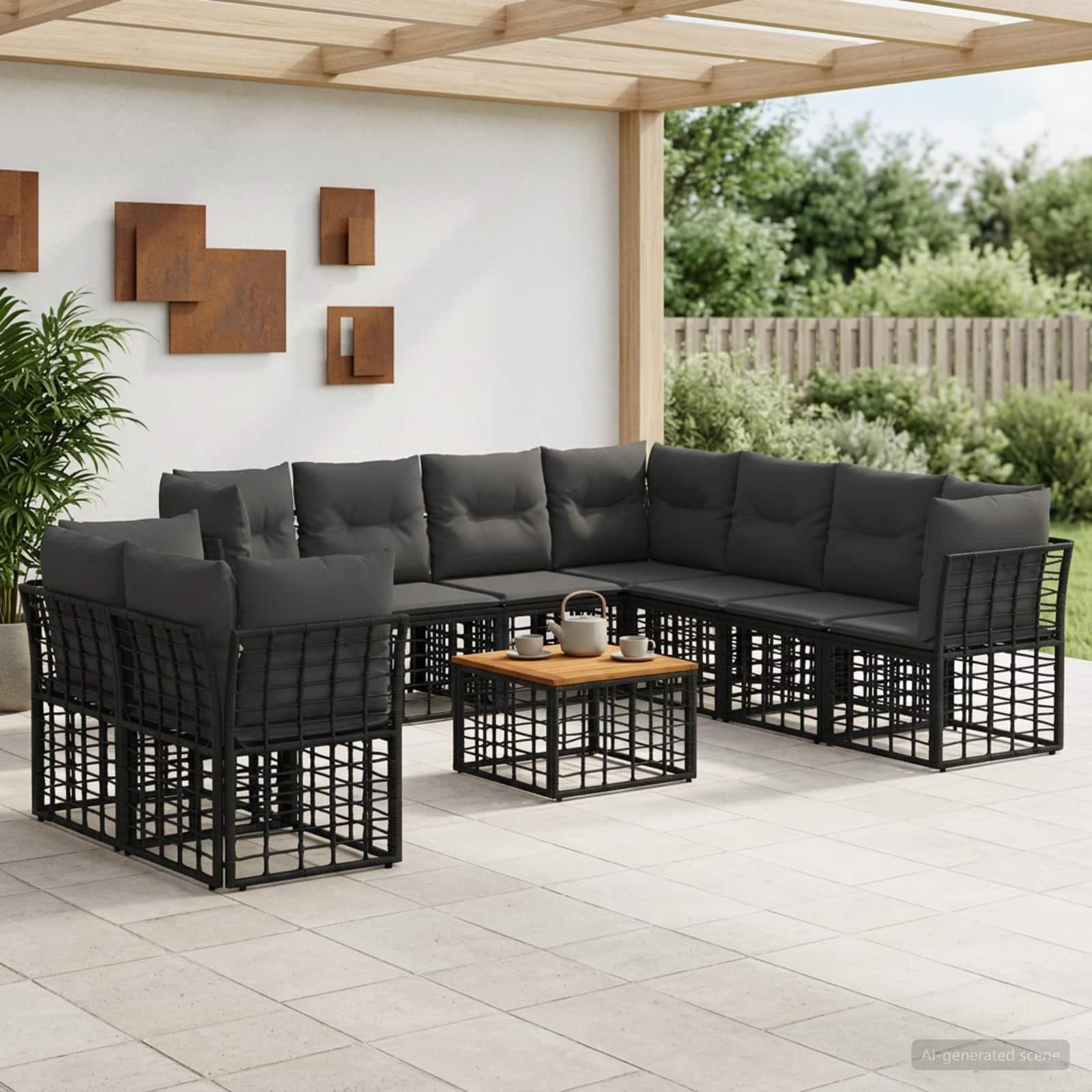 vidaXL Outdoor-Sofagarnitur 10 pcs Schwarz und Dunkelgrau Polyester