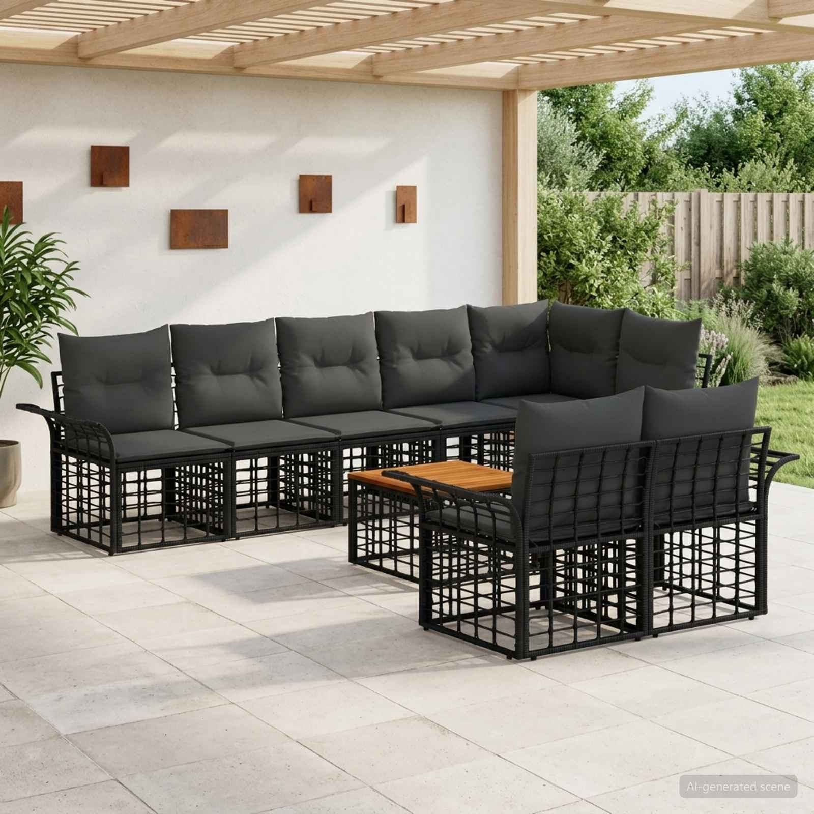 vidaXL Outdoor-Sofagarnitur 9 pcs Schwarz und Dunkelgrau Poly-Rattan