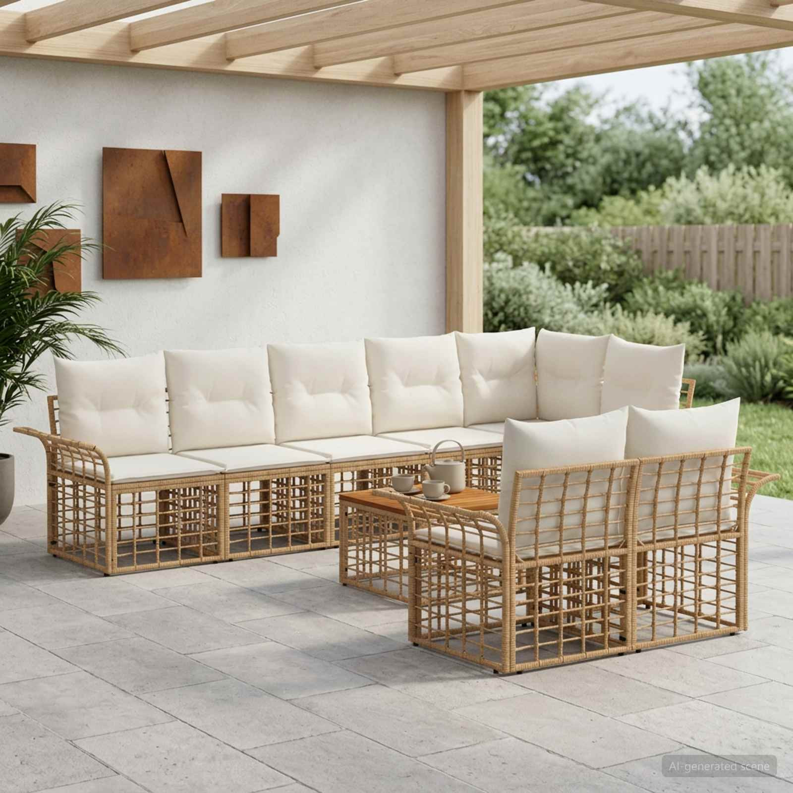 vidaXL Outdoor-Sofagarnitur 9 pcs Natürlich und Cremweiß Poly-Rattan