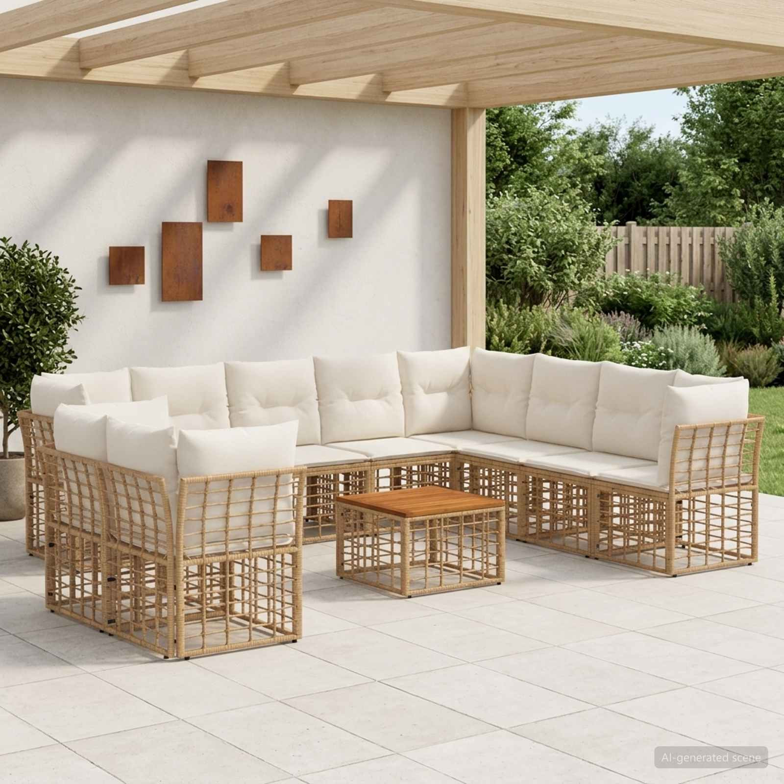 vidaXL Outdoor-Sofagarnitur 11 pcs Natürlich und Cremweiß Polyester