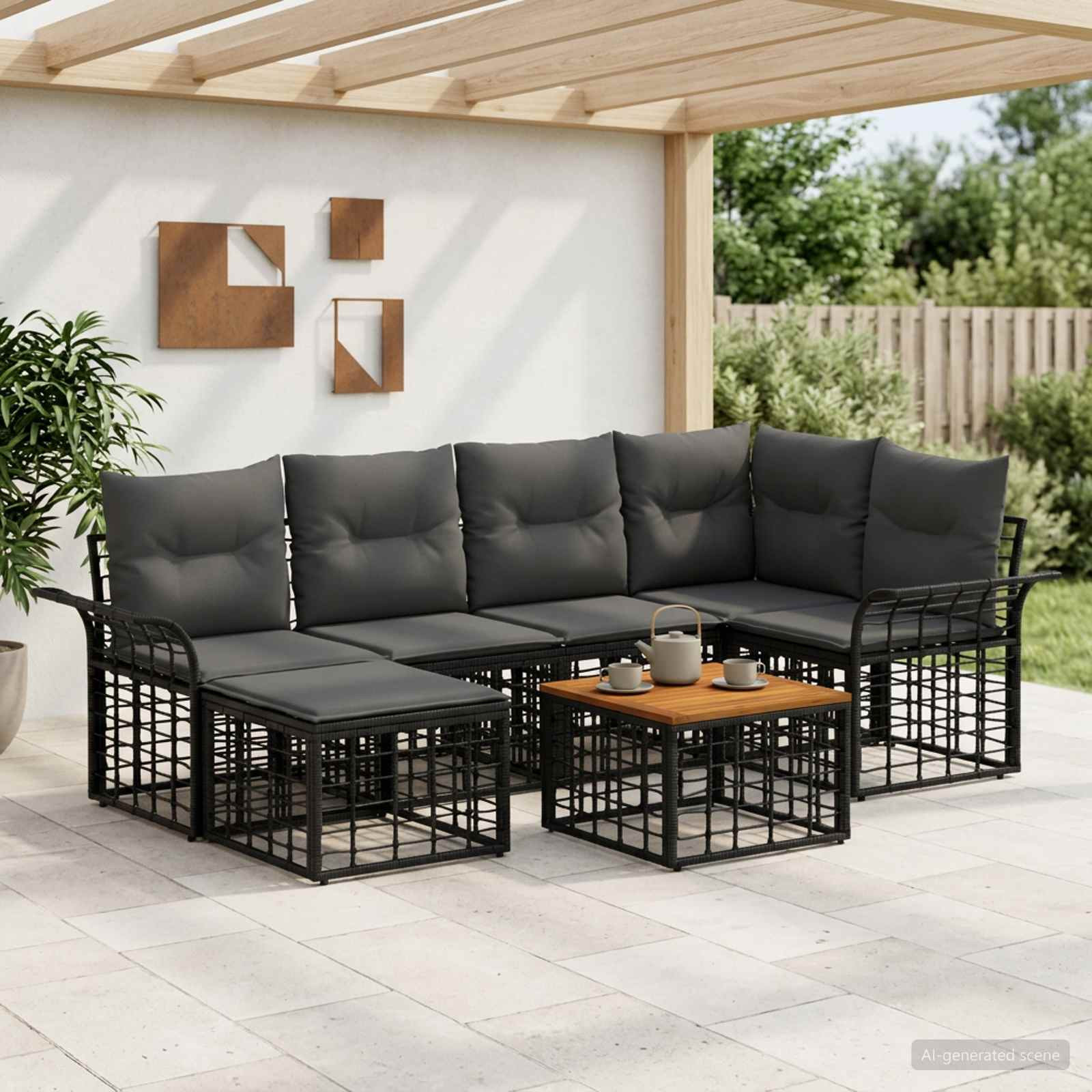 vidaXL Outdoor-Sofagarnitur 7 pcs Schwarz und Dunkelgrau Polyester