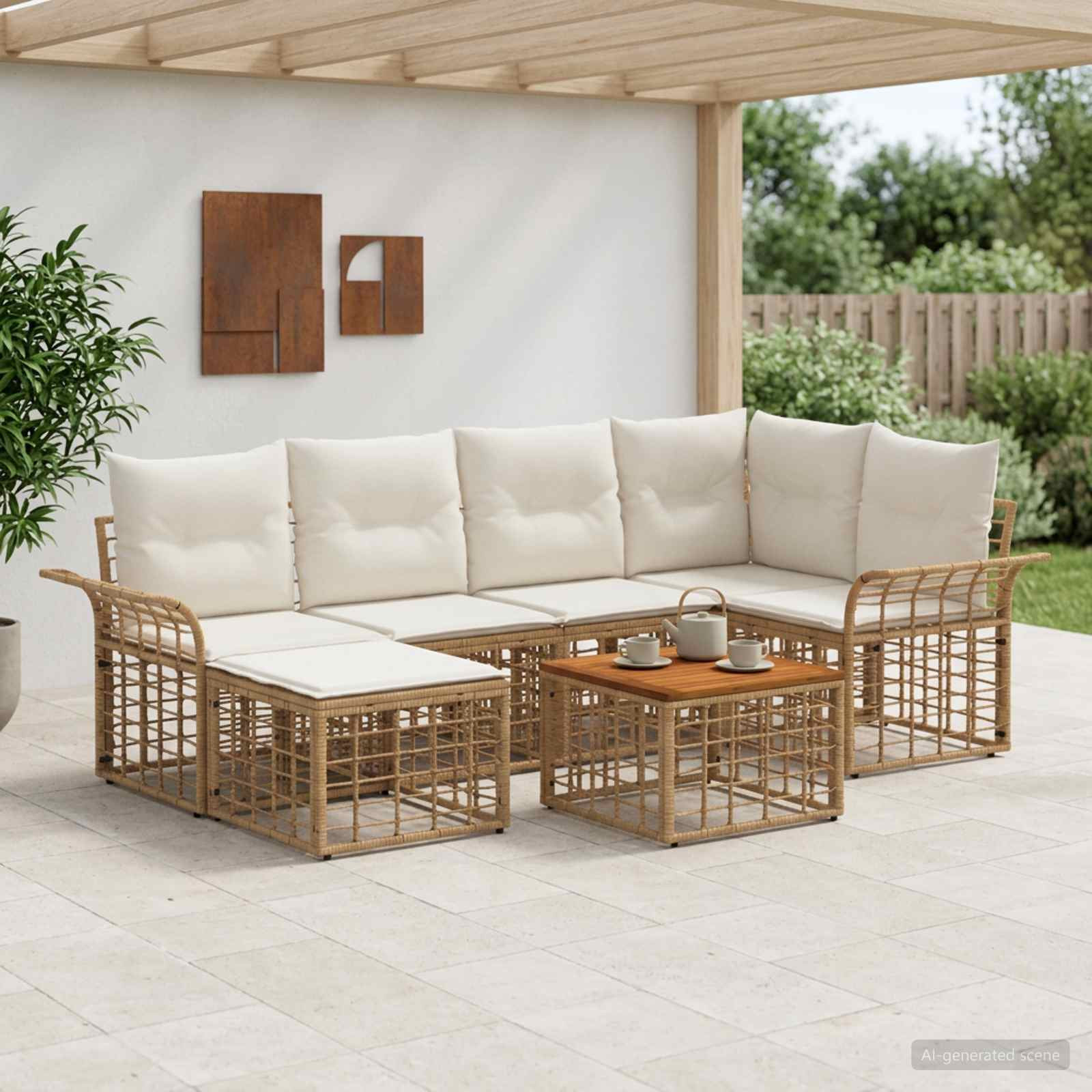 vidaXL Outdoor-Sofagarnitur 7 pcs Natürlich und Cremweiß Polyester