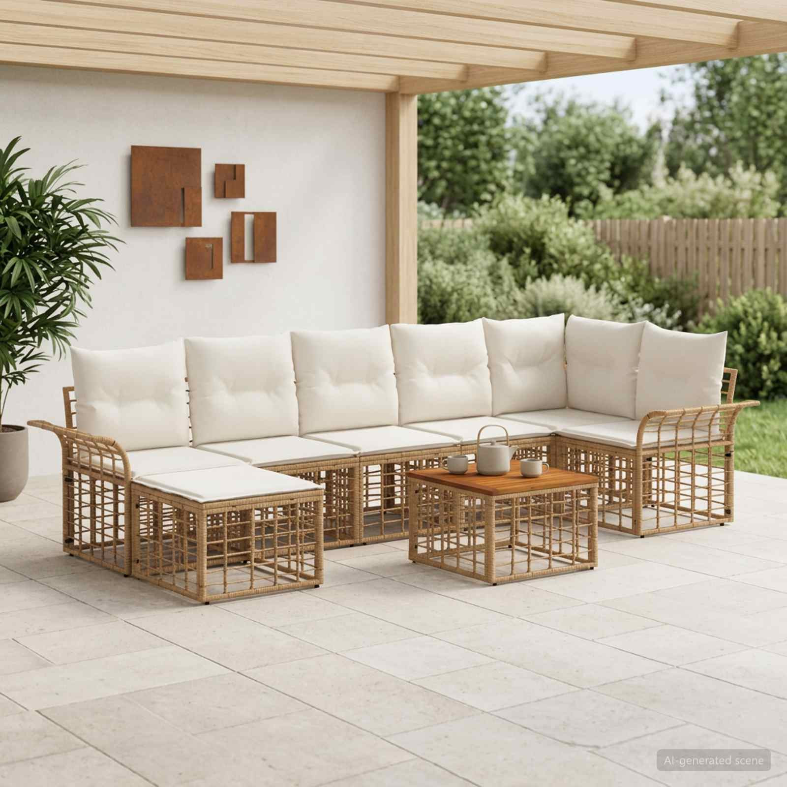 vidaXL Outdoor-Sofagarnitur 8 pcs Natürlich und Cremweiß Polyester