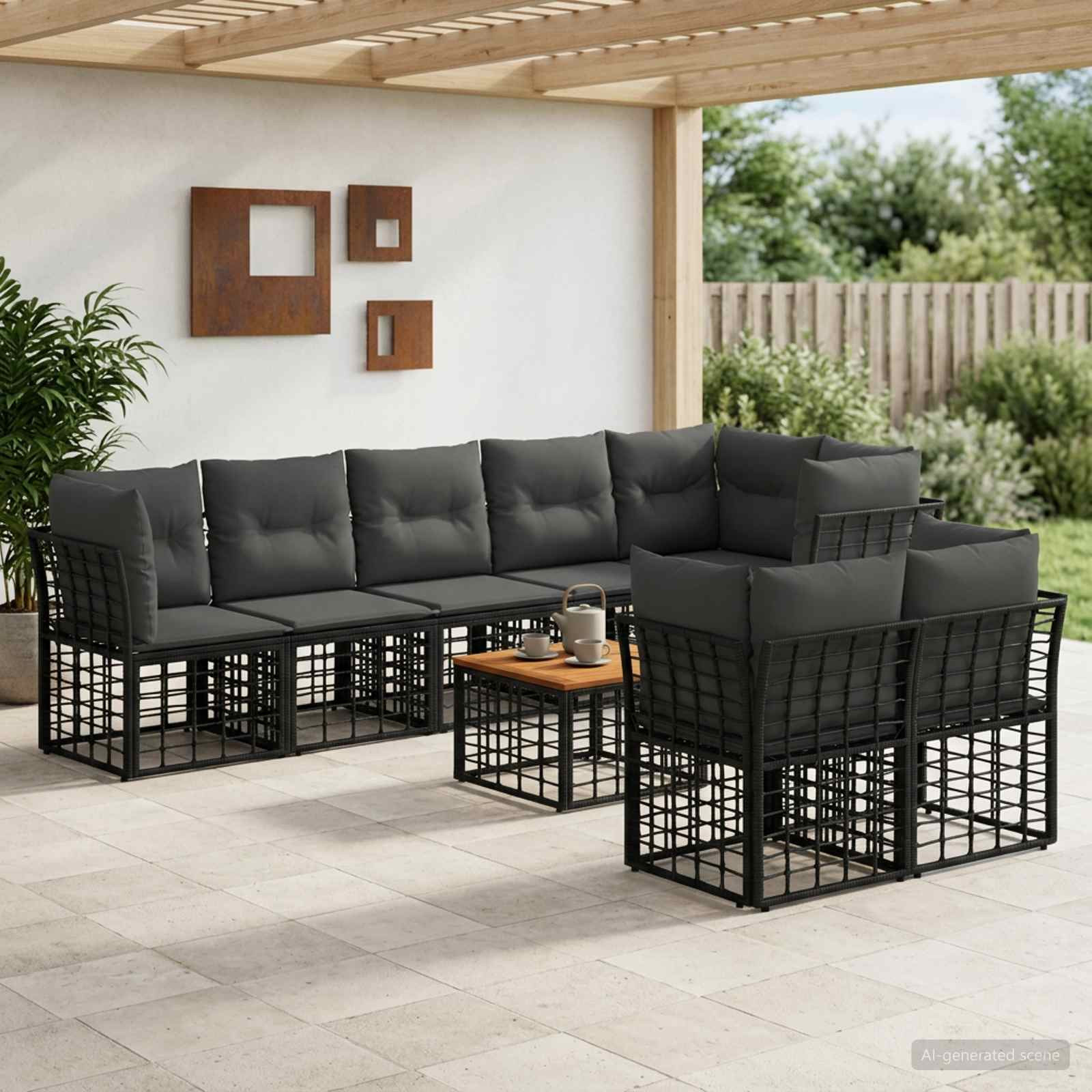 vidaXL Outdoor-Sofagarnitur 9 pcs Schwarz und Dunkelgrau Polyester