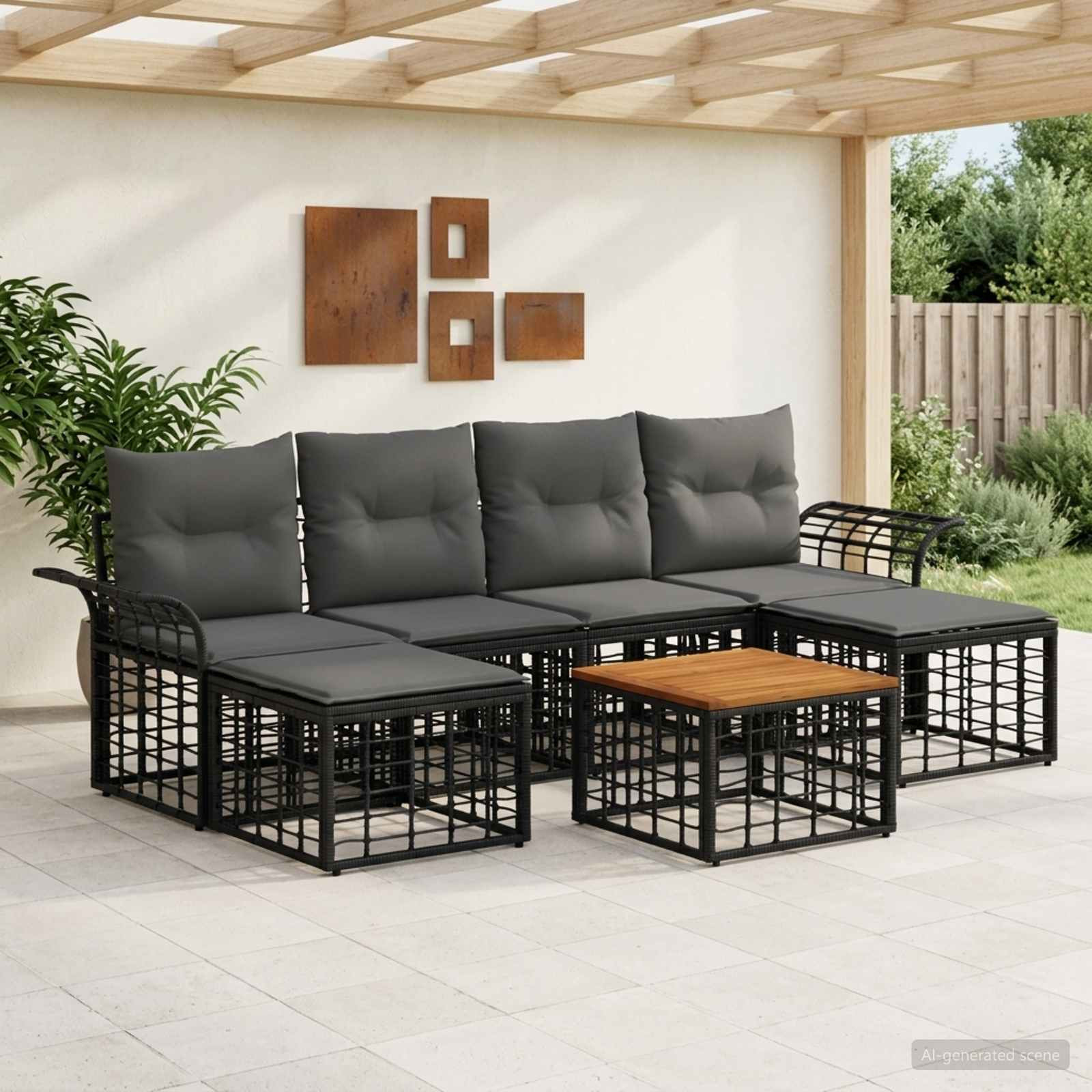 vidaXL Outdoor-Sofagarnitur 7 pcs Schwarz und Dunkelgrau Polyester