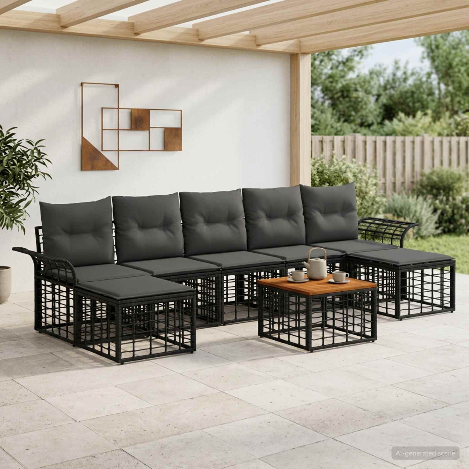 vidaXL Outdoor-Sofagarnitur 8 pcs Schwarz und Dunkelgrau Polyester