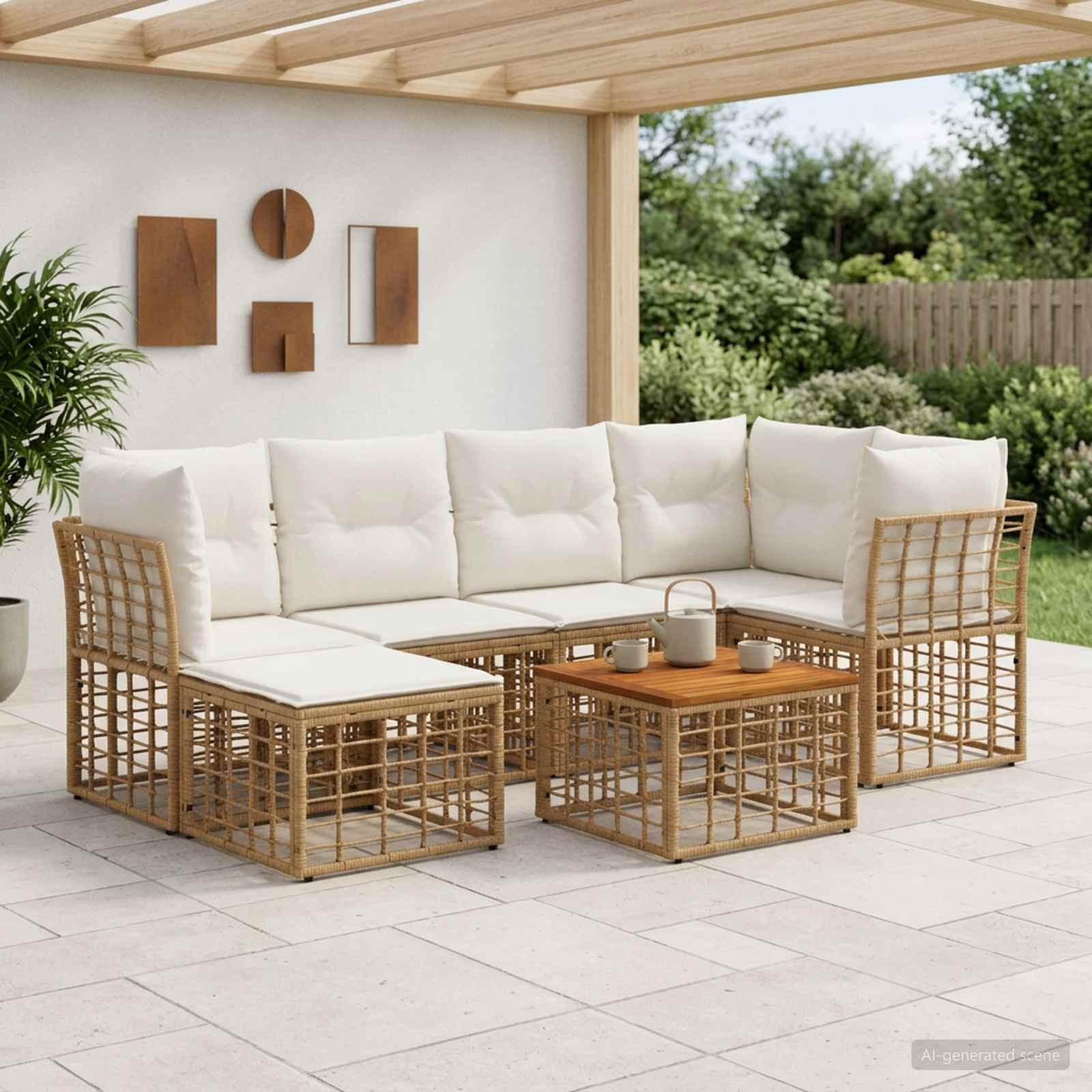 vidaXL Outdoor-Sofagarnitur 7 pcs Natürlich und Cremweiß Polyester