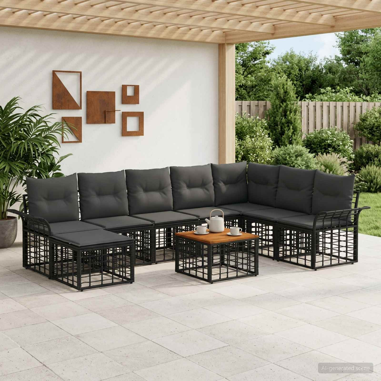 vidaXL Outdoor-Sofagarnitur 9 pcs Schwarz und Dunkelgrau Polyester