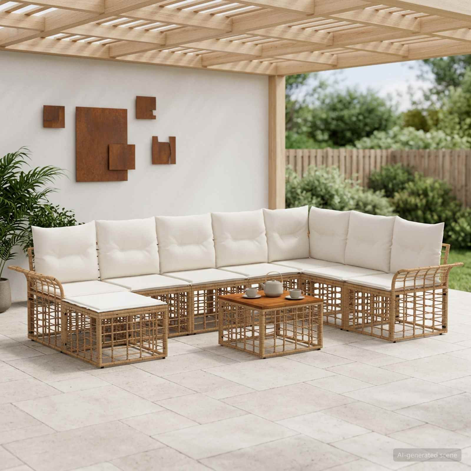 vidaXL Outdoor-Sofagarnitur 9 pcs Natürlich und Cremweiß Polyester