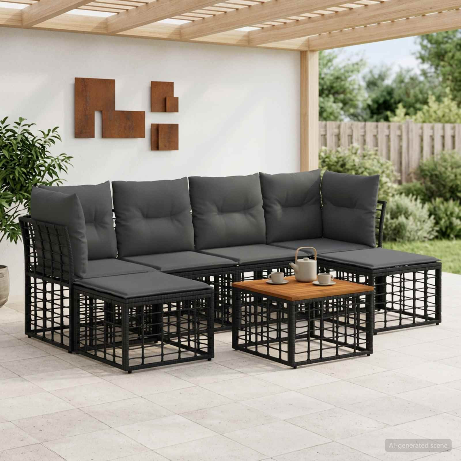 vidaXL Outdoor-Sofagarnitur 7 pcs Schwarz und Dunkelgrau Polyester