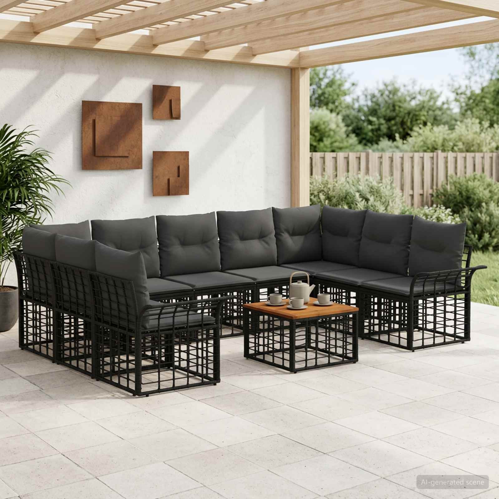 vidaXL Outdoor-Sofagarnitur 10 pcs Schwarz und Dunkelgrau Polyester