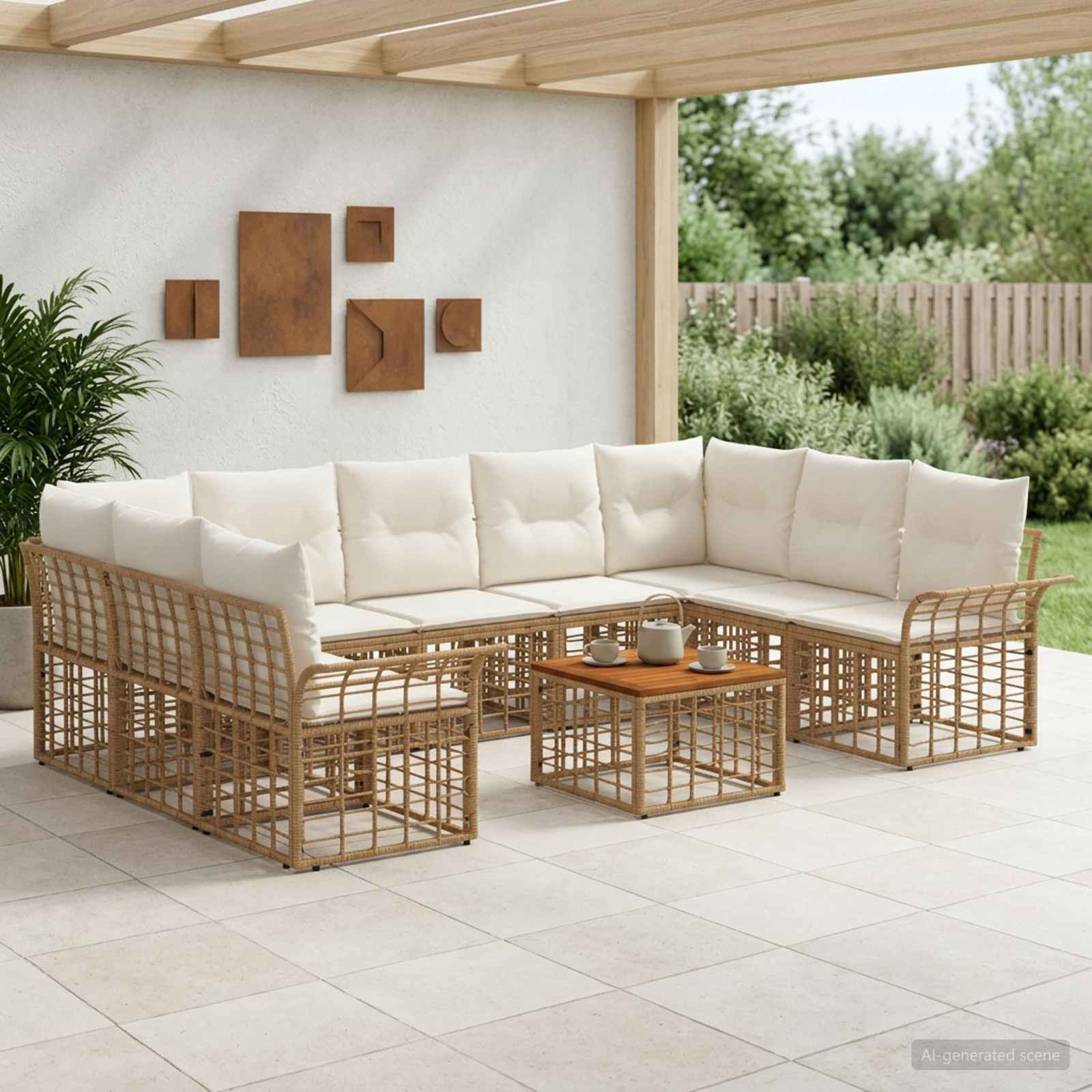 vidaXL Outdoor-Sofagarnitur 10 pcs Natürlich und Cremweiß Polyester