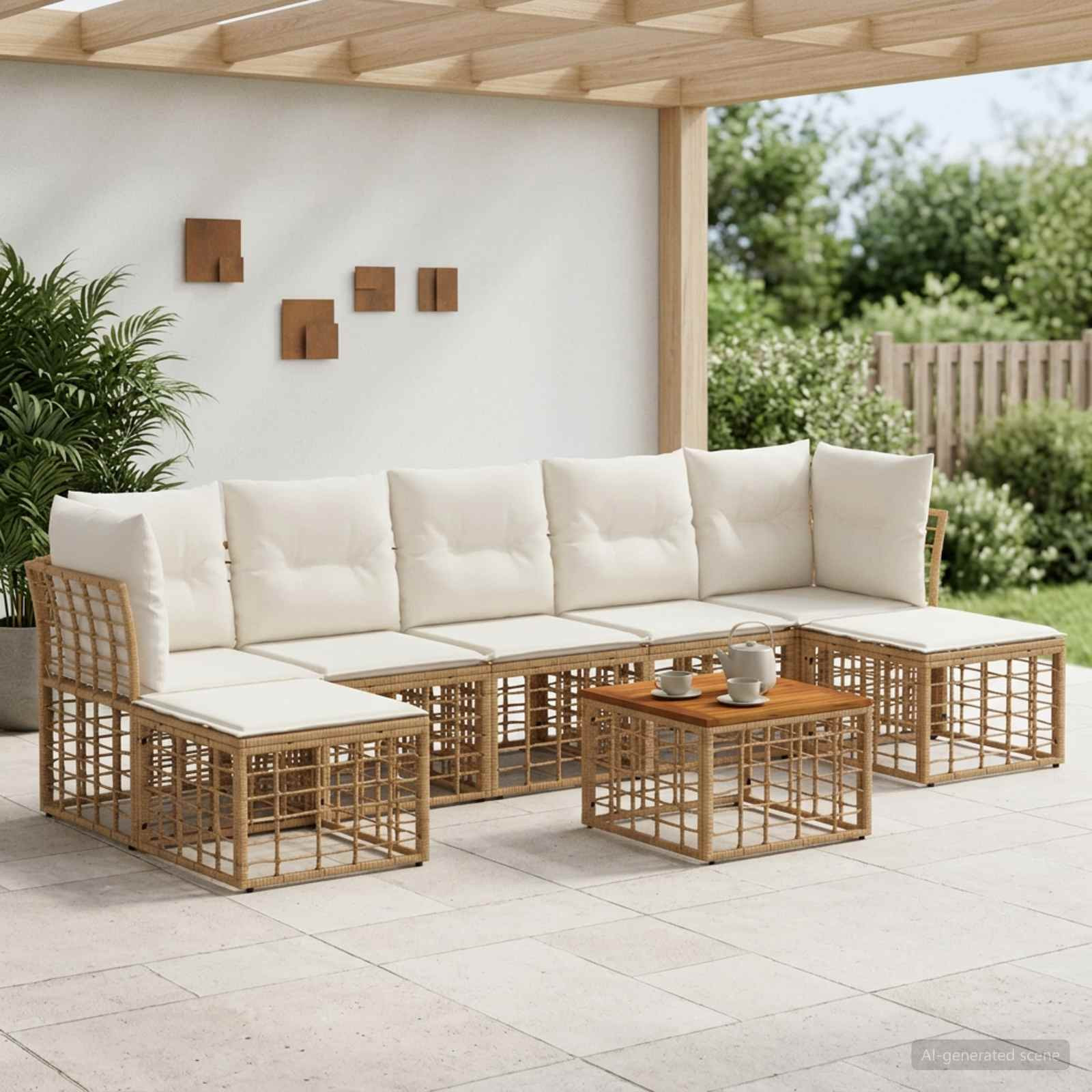 vidaXL Outdoor-Sofagarnitur 8 pcs Natürlich und Cremweiß Polyester