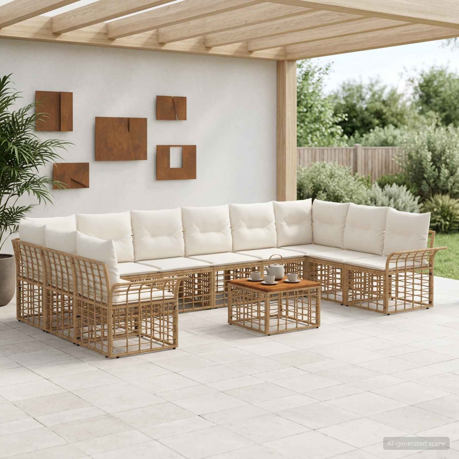 vidaXL Outdoor-Sofagarnitur 11 pcs Natürlich und Cremweiß Polyester