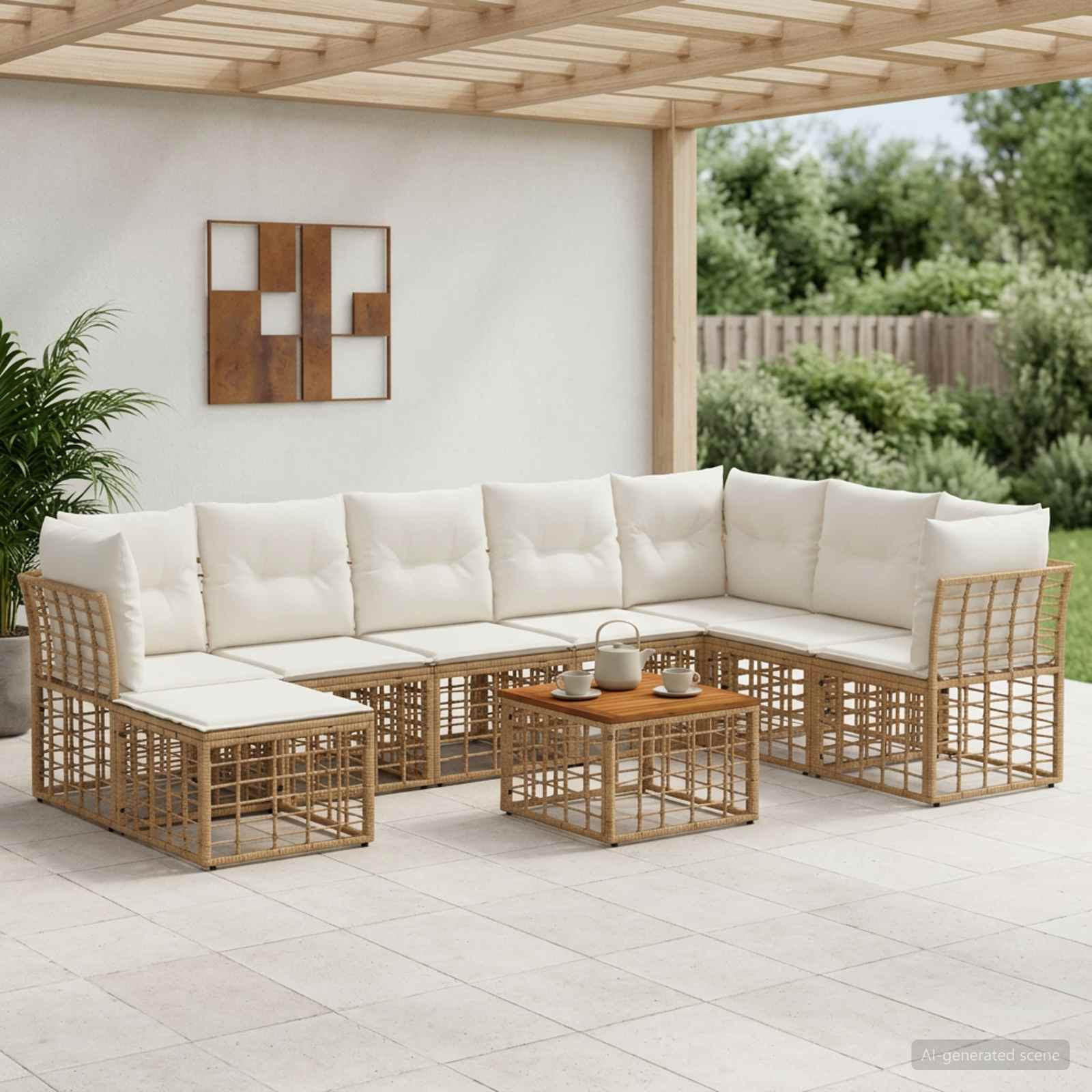 vidaXL Outdoor-Sofagarnitur 9 pcs Natürlich und Cremweiß Polyester